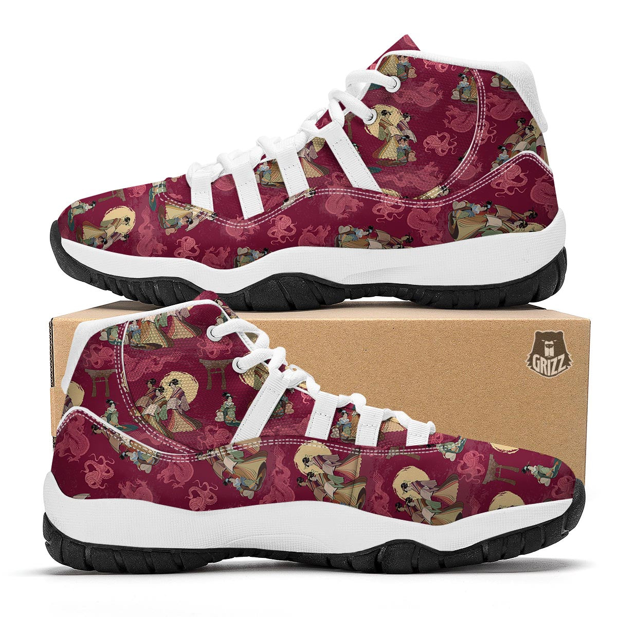 Japanese Tokyo Pattern Print White Bball Shoes-grizzshop
