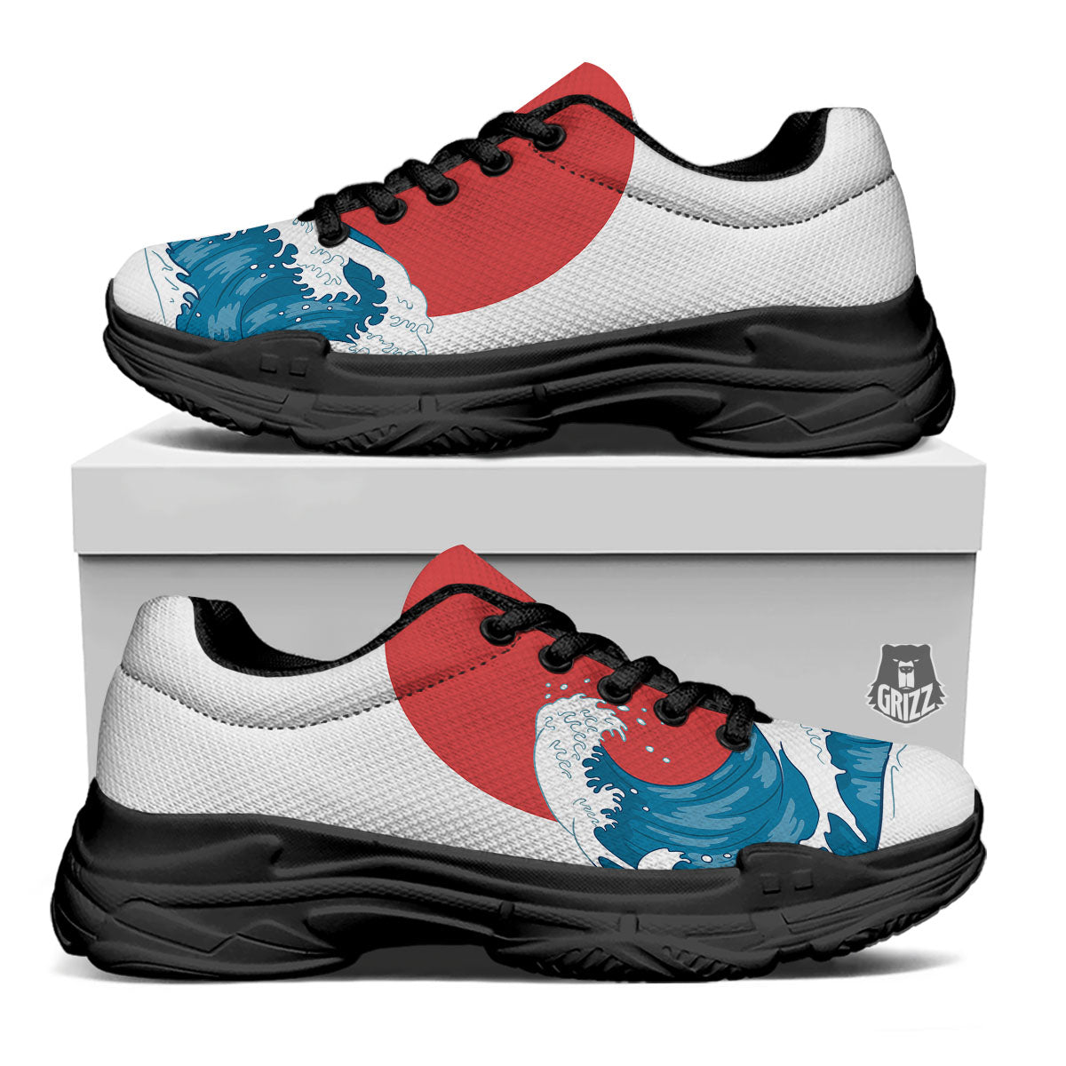 Japanese Wave And Vitage Sea Print Black Chunky Shoes-grizzshop