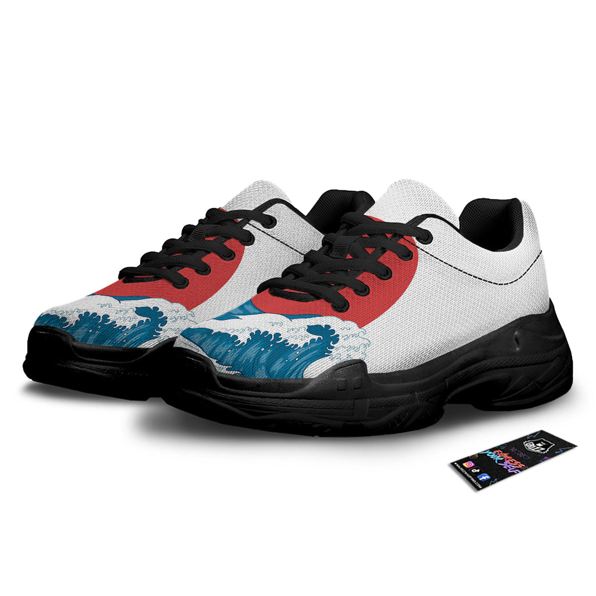 Japanese Wave And Vitage Sea Print Black Chunky Shoes-grizzshop