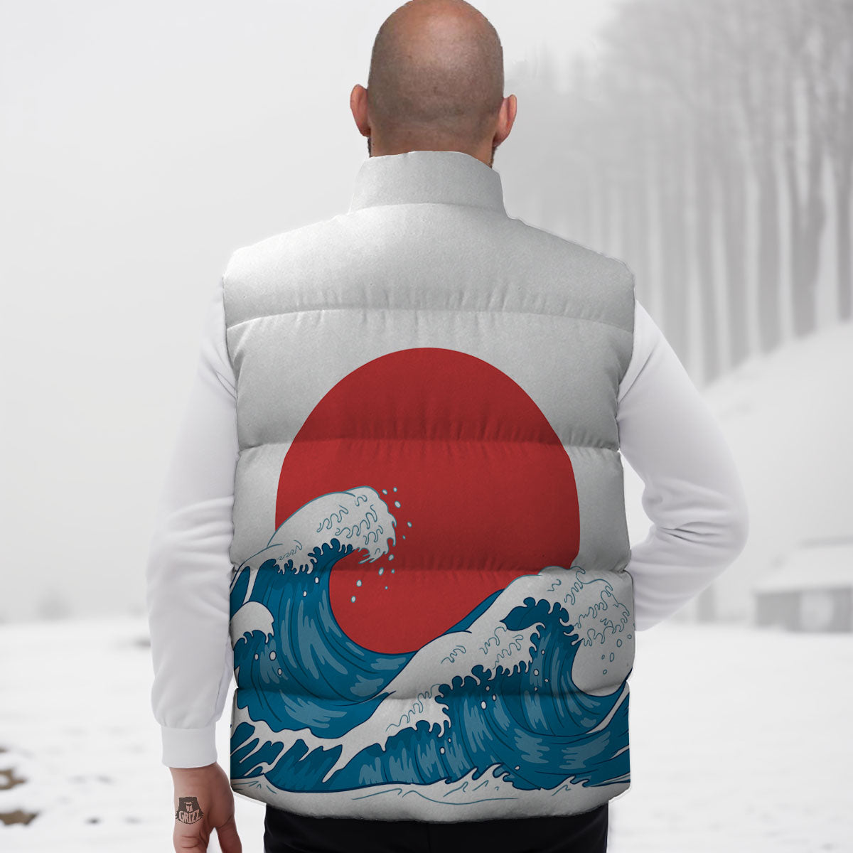 Japanese Wave And Vitage Sea Print Down Vest
