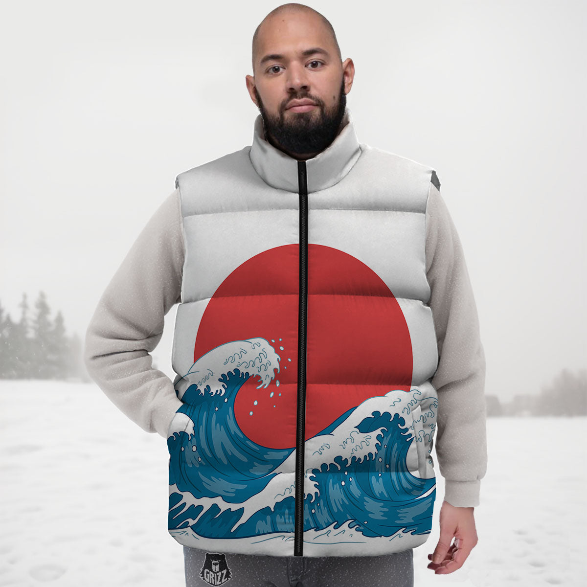 Japanese Wave And Vitage Sea Print Down Vest