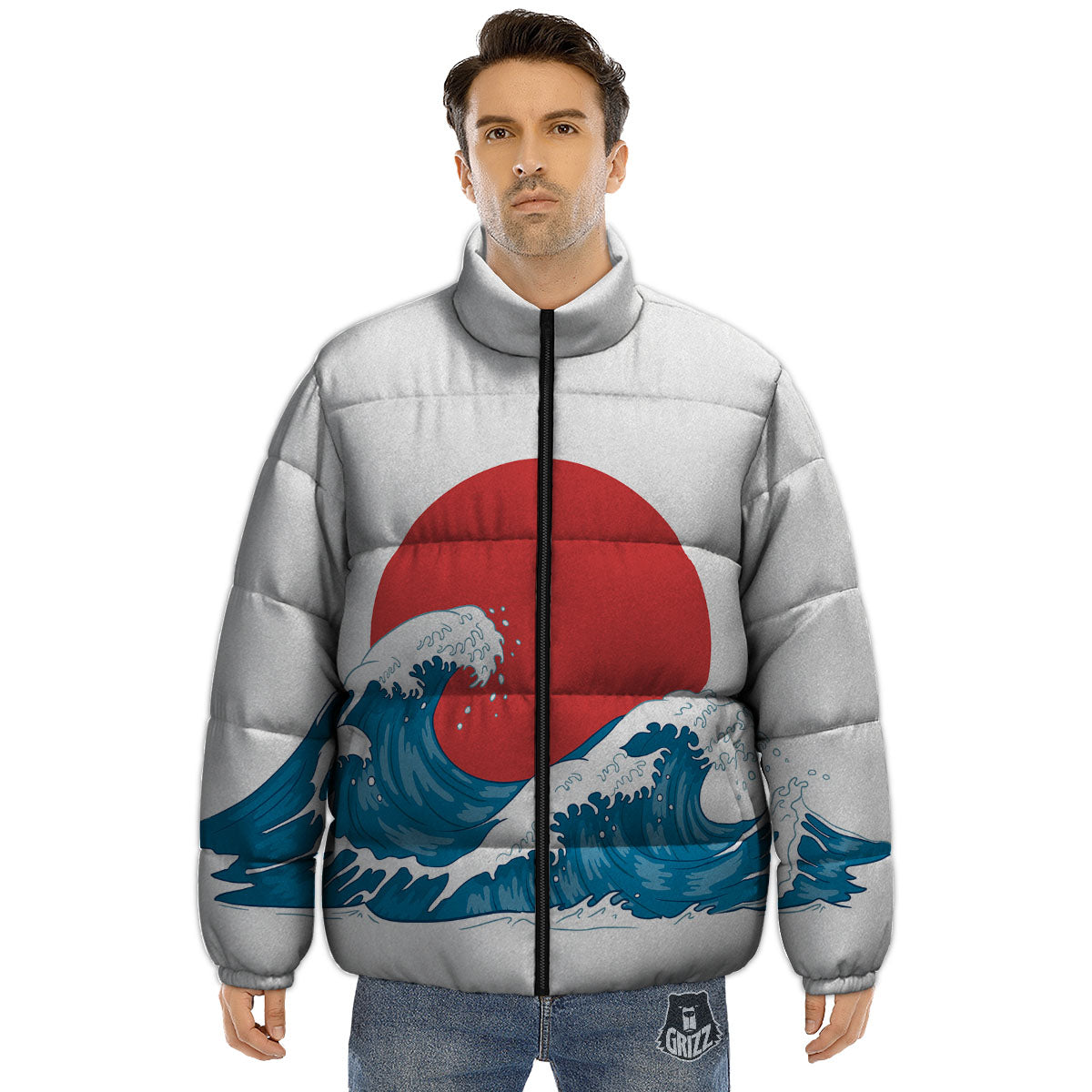 Japanese Wave And Vitage Sea Print Puffer Jacket