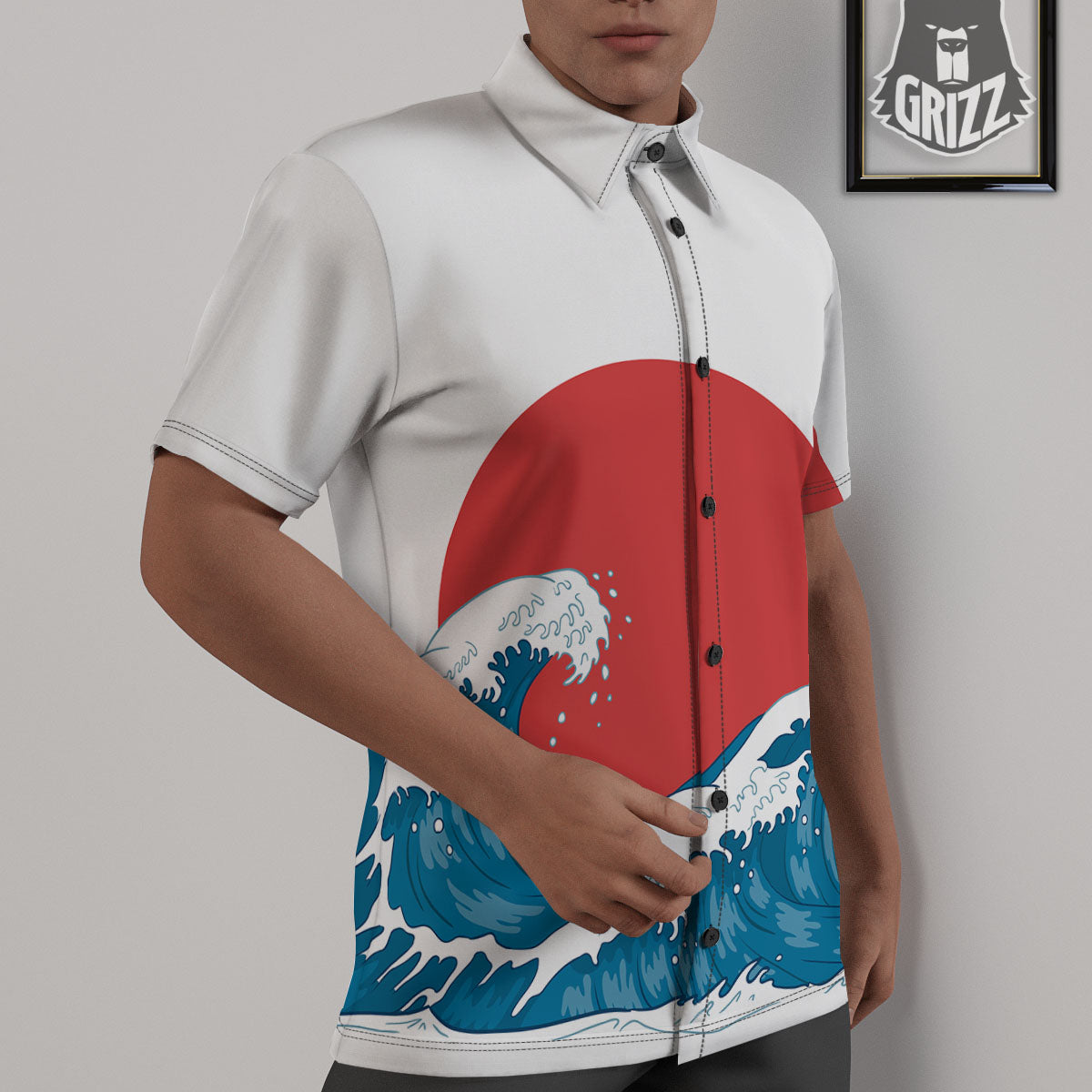 Japanese Wave And Vitage Sea Print Untucked Shirts-grizzshop