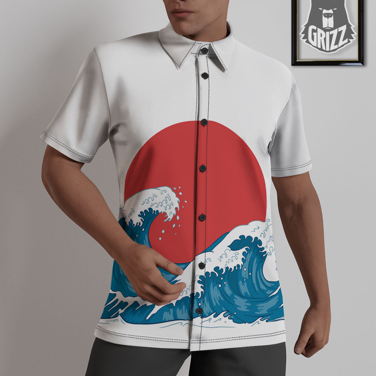 Japanese Wave And Vitage Sea Print Untucked Shirts-grizzshop