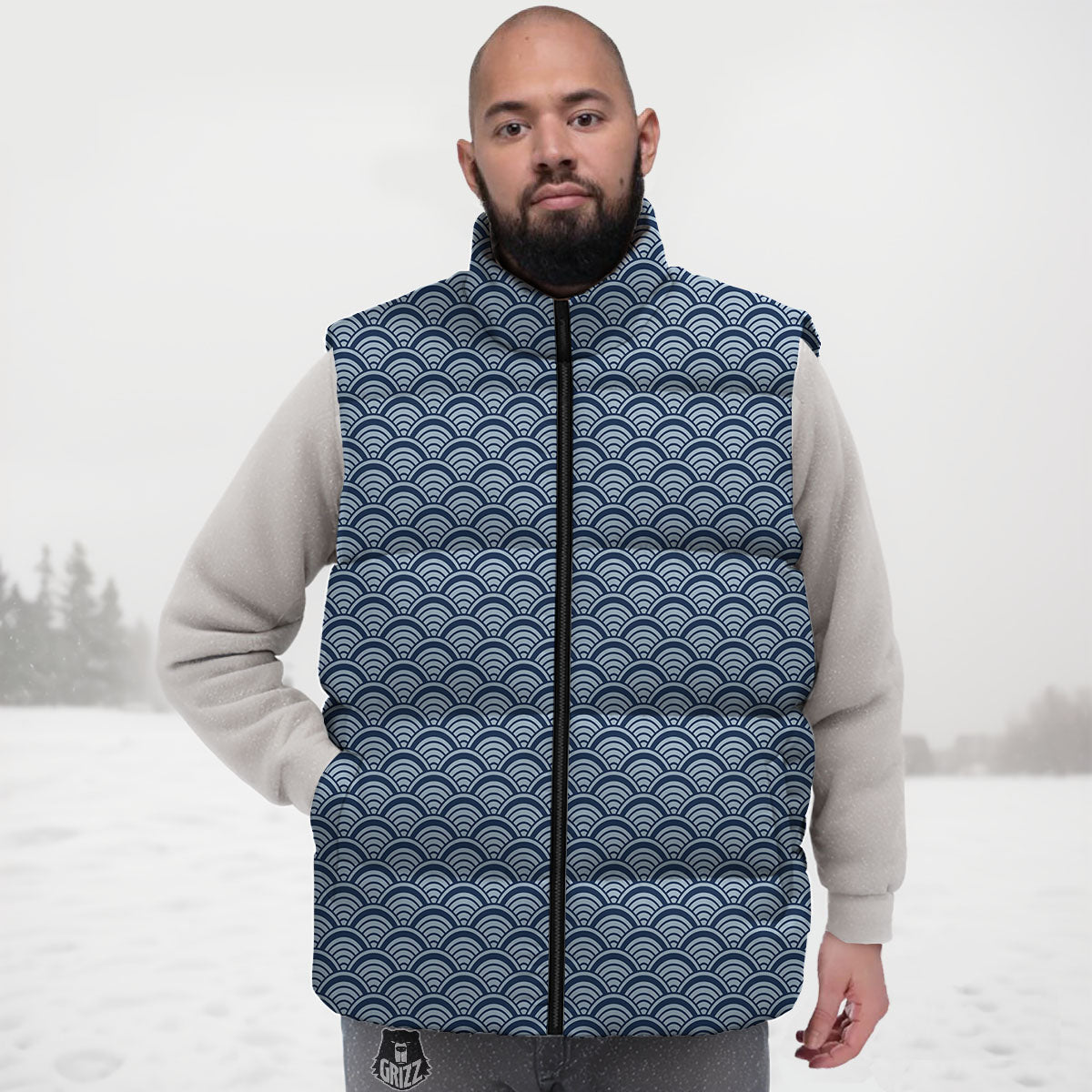 Japanese Wave Blue Print Pattern Down Vest