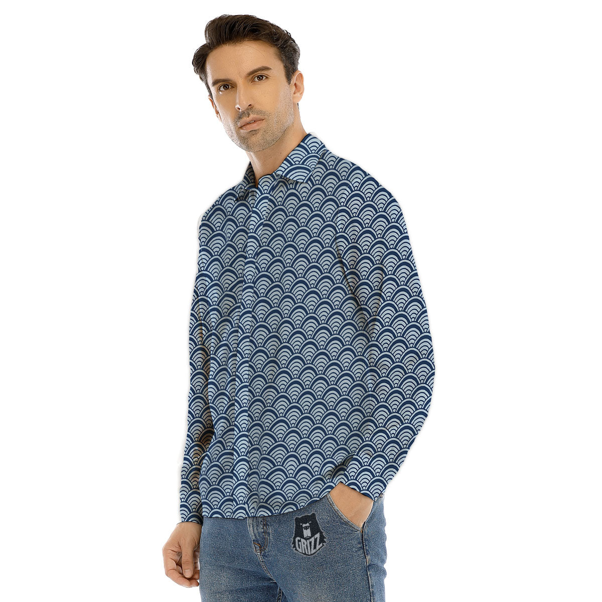 Japanese Wave Blue Print Pattern Men's Dress Shirts-grizzshop
