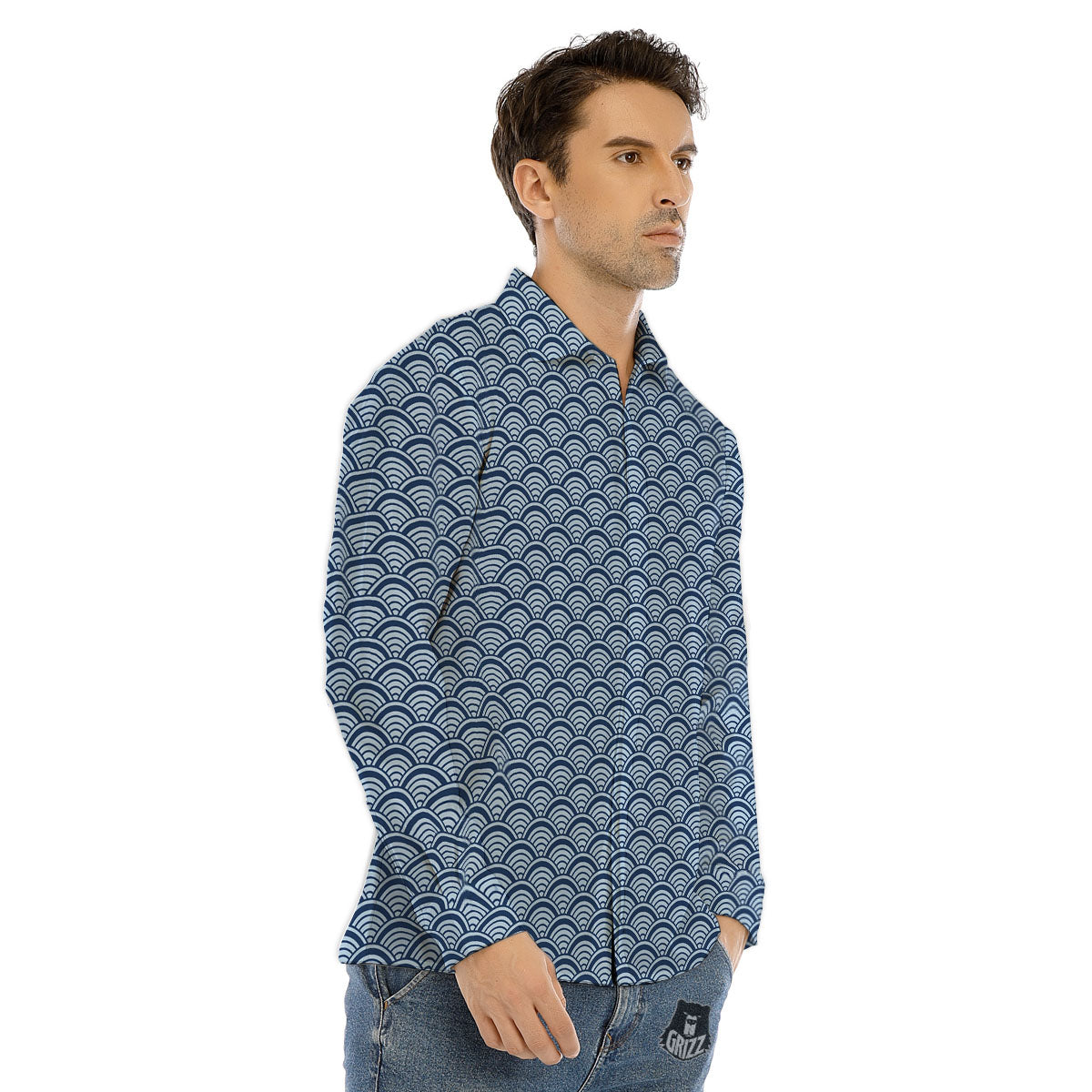 Japanese Wave Blue Print Pattern Men's Dress Shirts-grizzshop