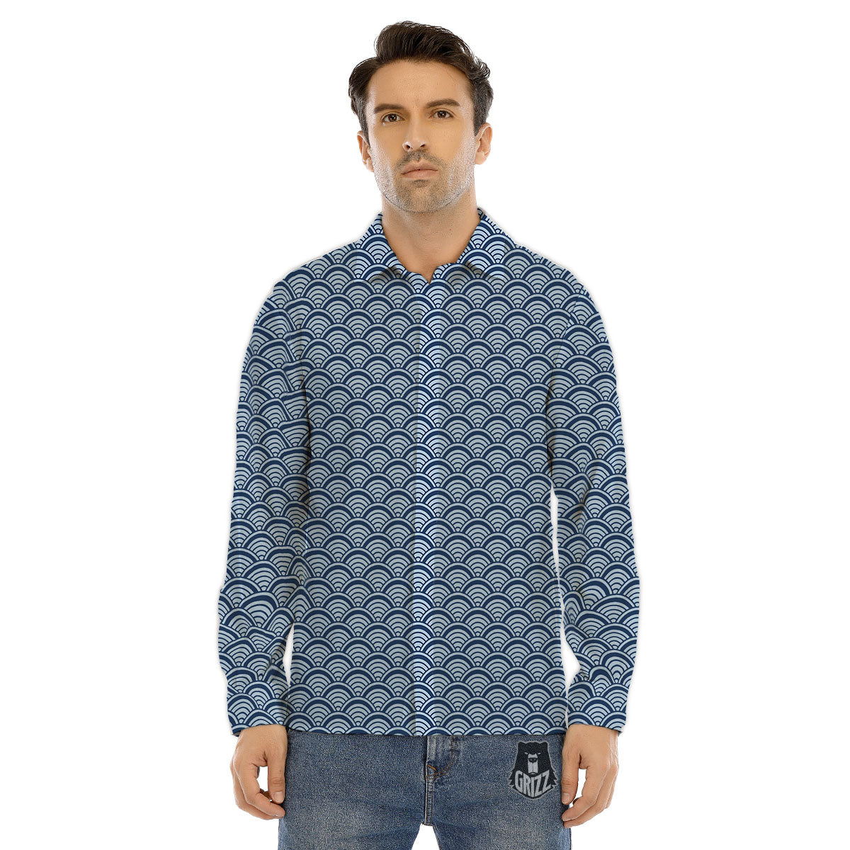 Japanese Wave Blue Print Pattern Men's Dress Shirts-grizzshop