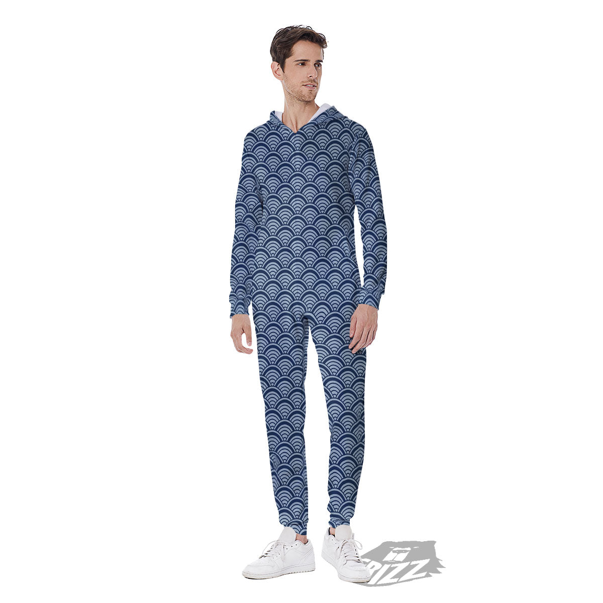 Japanese Wave Blue Print Pattern Men's Jumpsuit-grizzshop