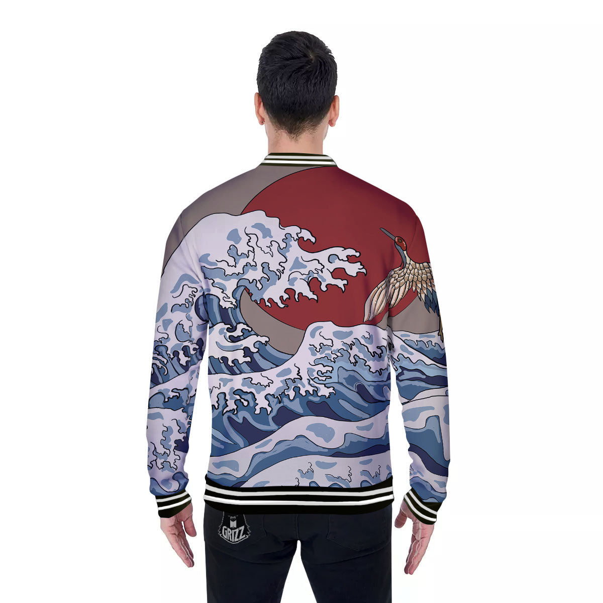 Japanese Wave Red Sun Print Baseball Jacket-grizzshop