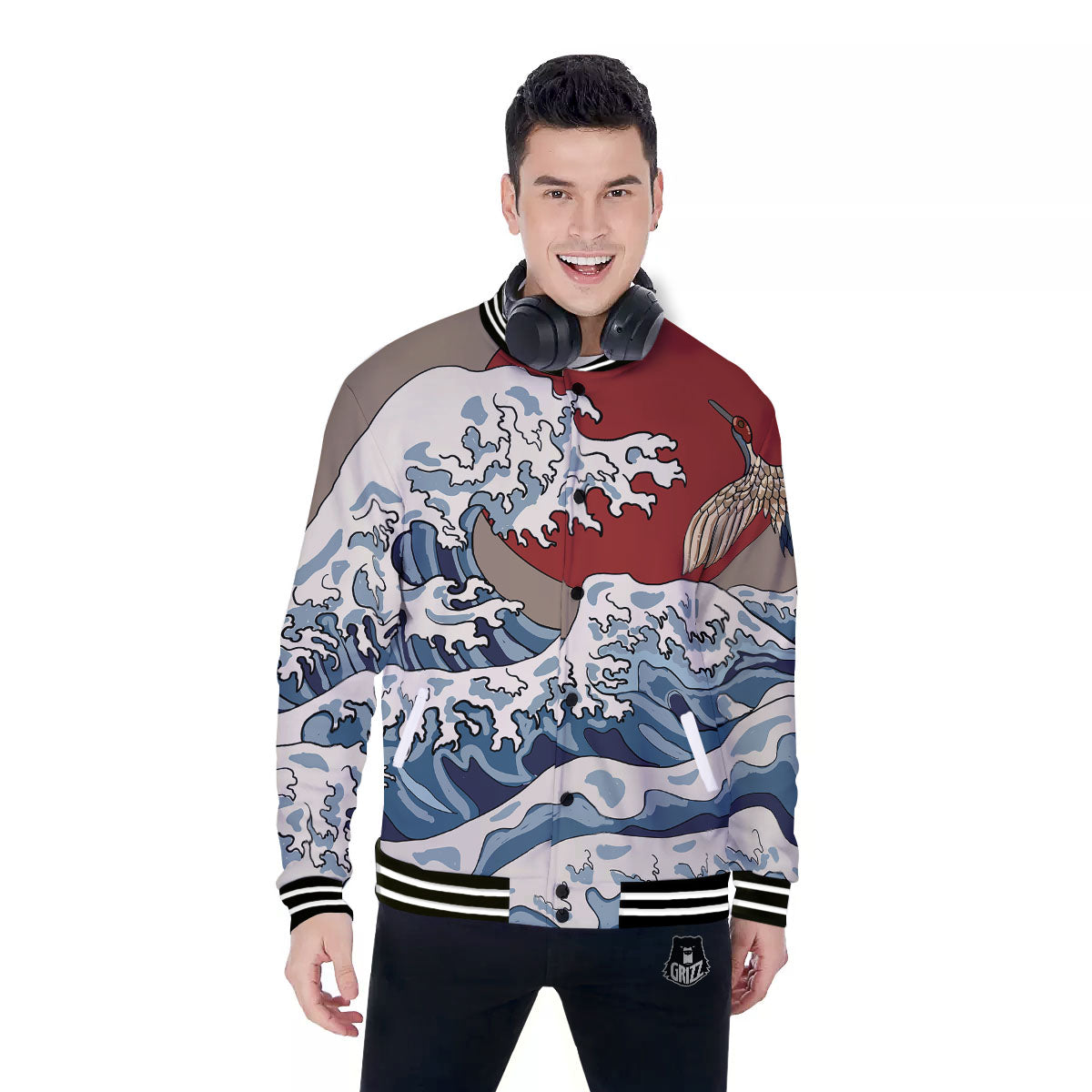 Japanese Wave Red Sun Print Baseball Jacket-grizzshop