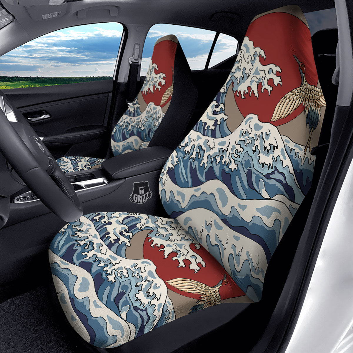 Japanese Wave Red Sun Print Car Seat Covers-grizzshop