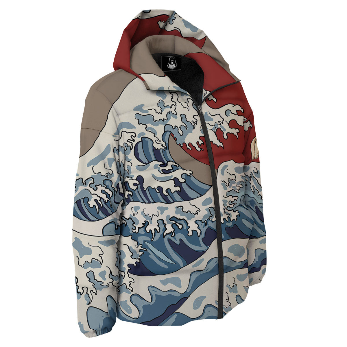 Japanese Wave Red Sun Print Down Jacket-grizzshop