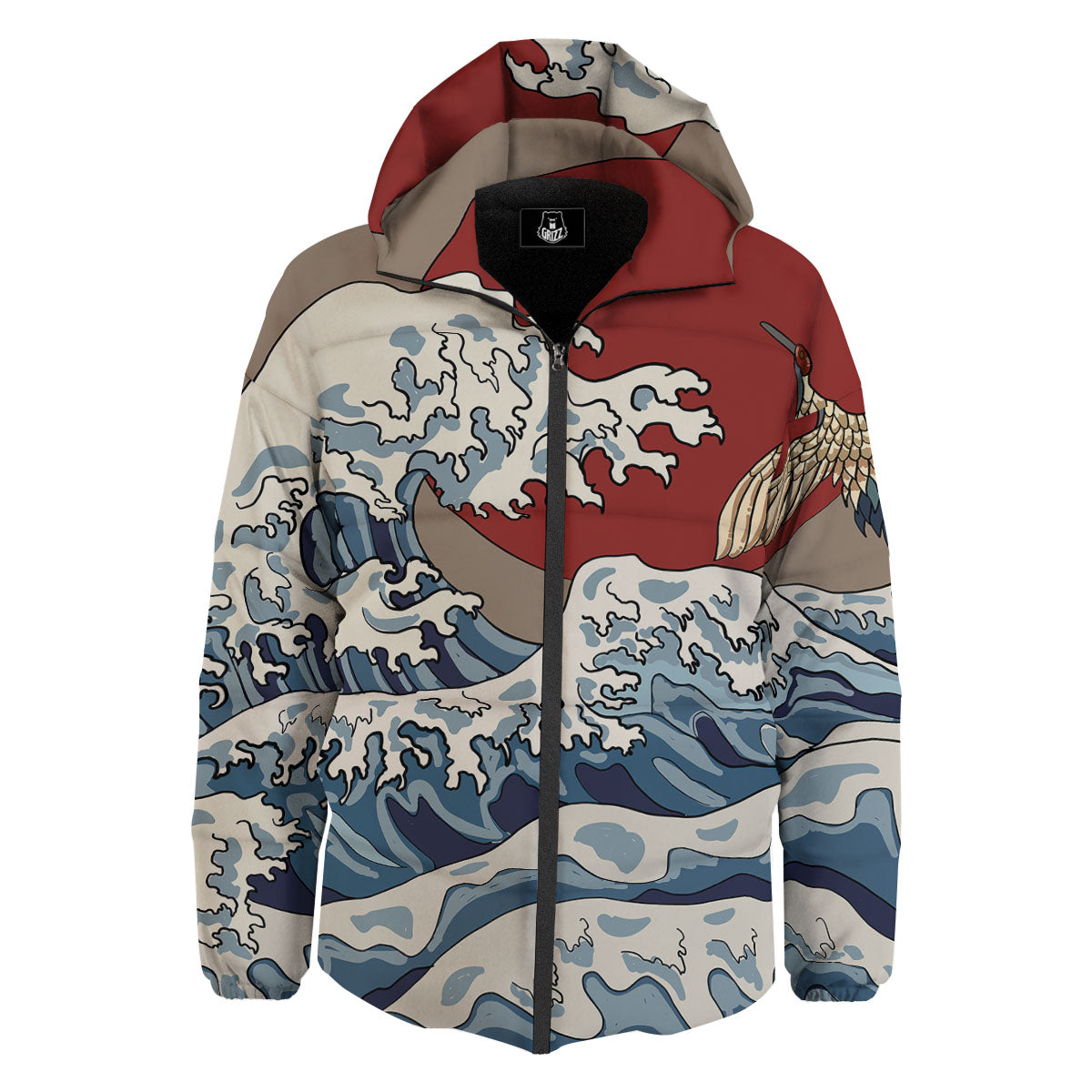 Japanese Wave Red Sun Print Down Jacket-grizzshop