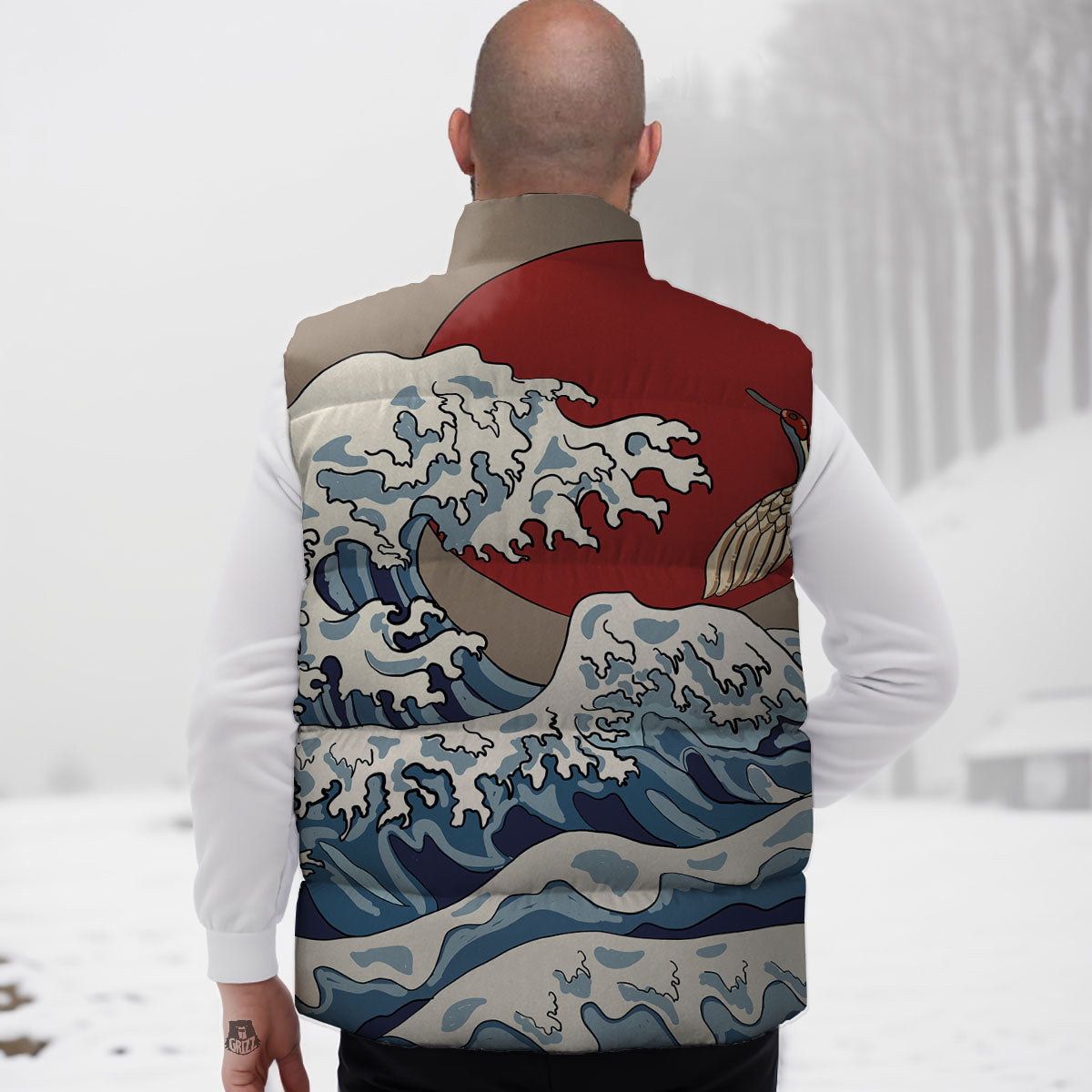 Japanese Wave Red Sun Print Down Vest