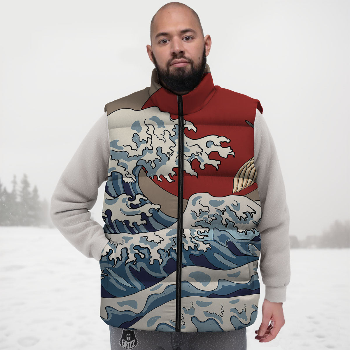 Japanese Wave Red Sun Print Down Vest