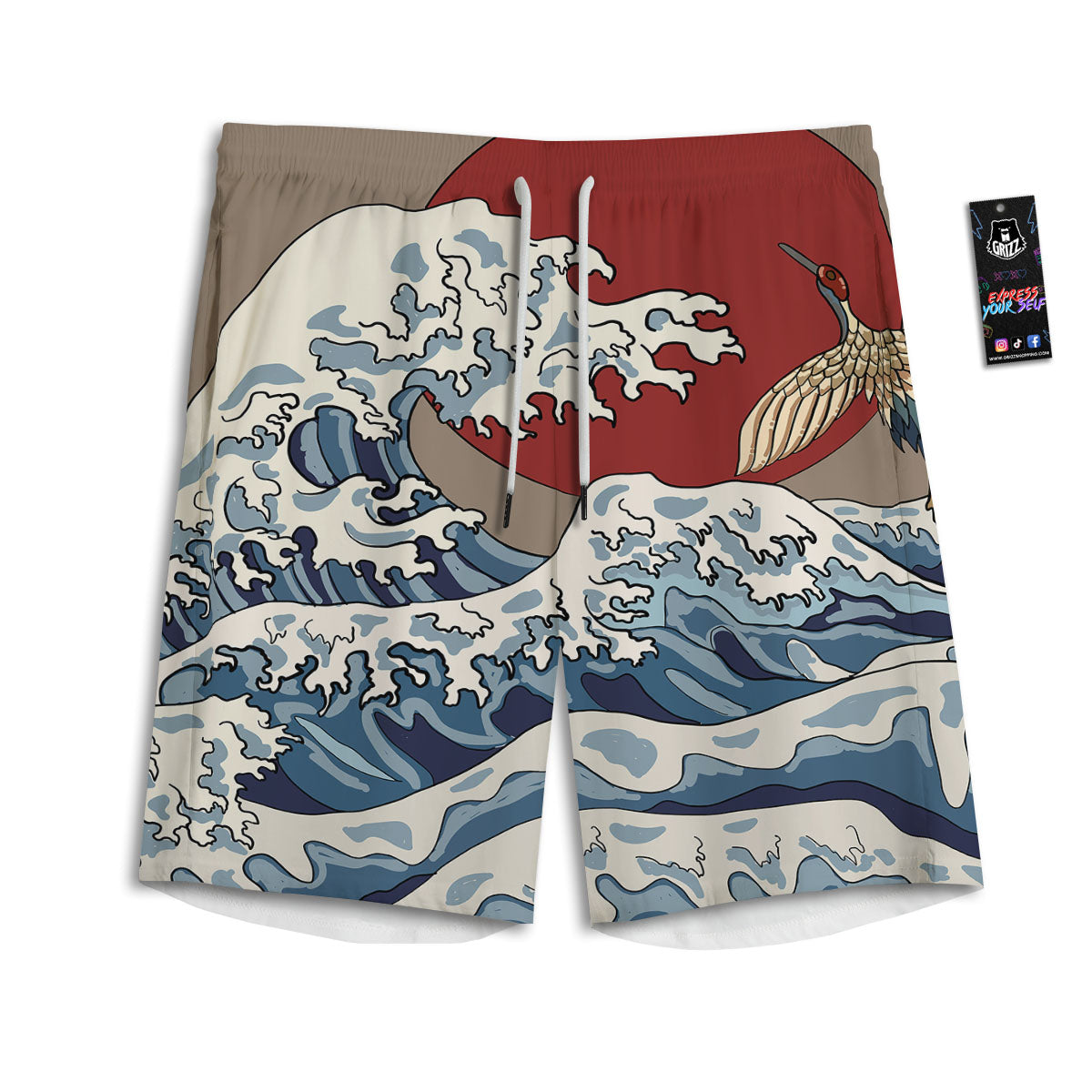 Japanese Wave Red Sun Print Men's Athletic Shorts