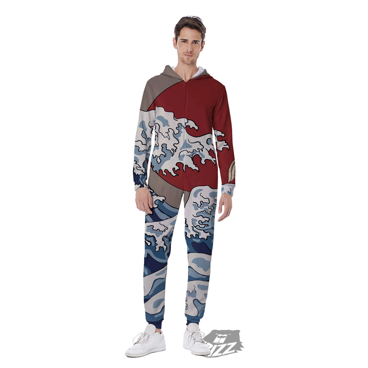 Japanese Wave Red Sun Print Men's Jumpsuit-grizzshop
