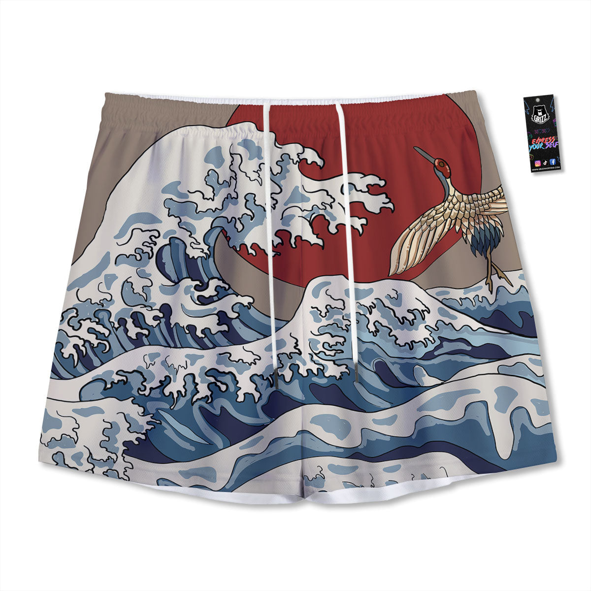 Japanese Wave Red Sun Print Mesh Shorts