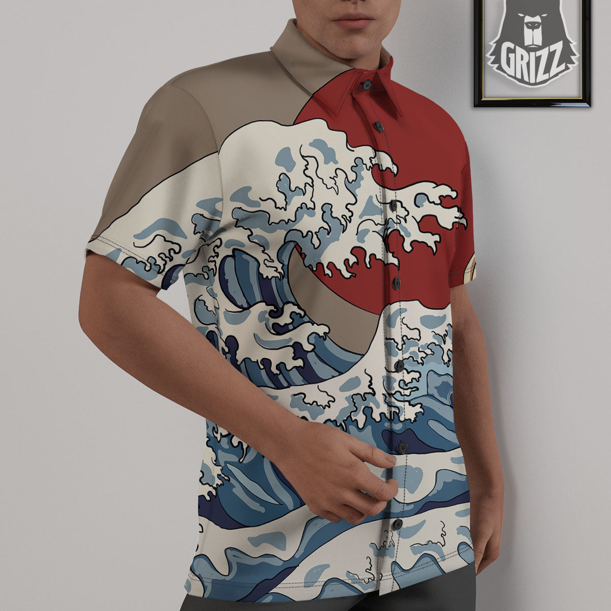 Japanese Wave Red Sun Print Untucked Shirts-grizzshop
