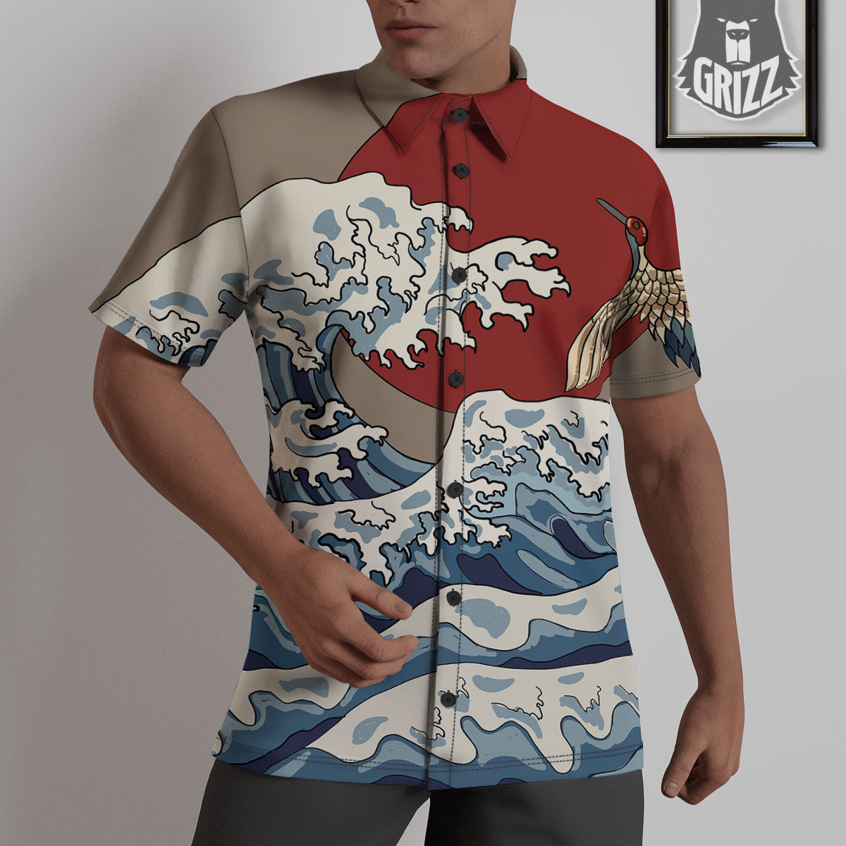 Japanese Wave Red Sun Print Untucked Shirts-grizzshop