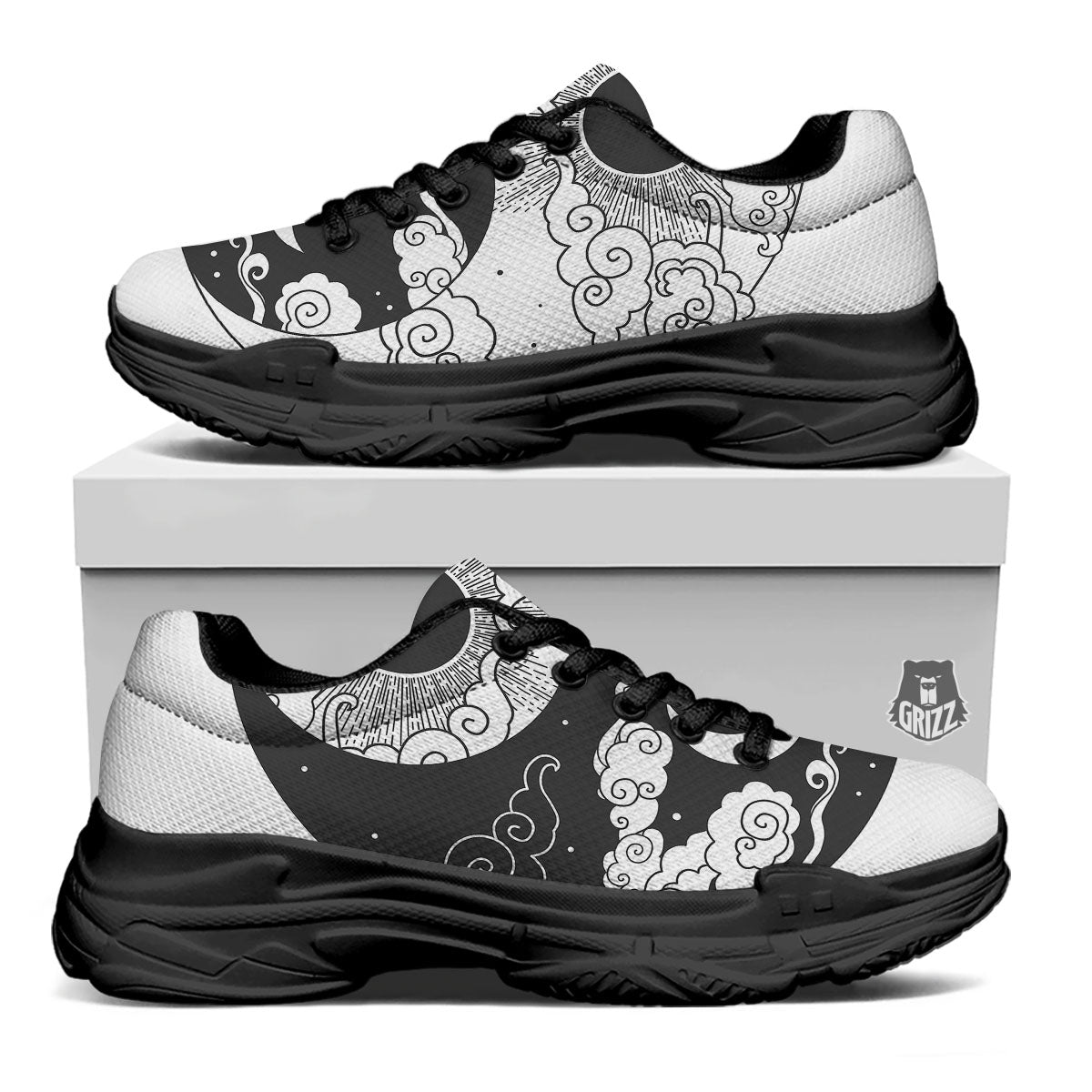 Japanese Yin Yang White And Black Print Black Chunky Shoes-grizzshop