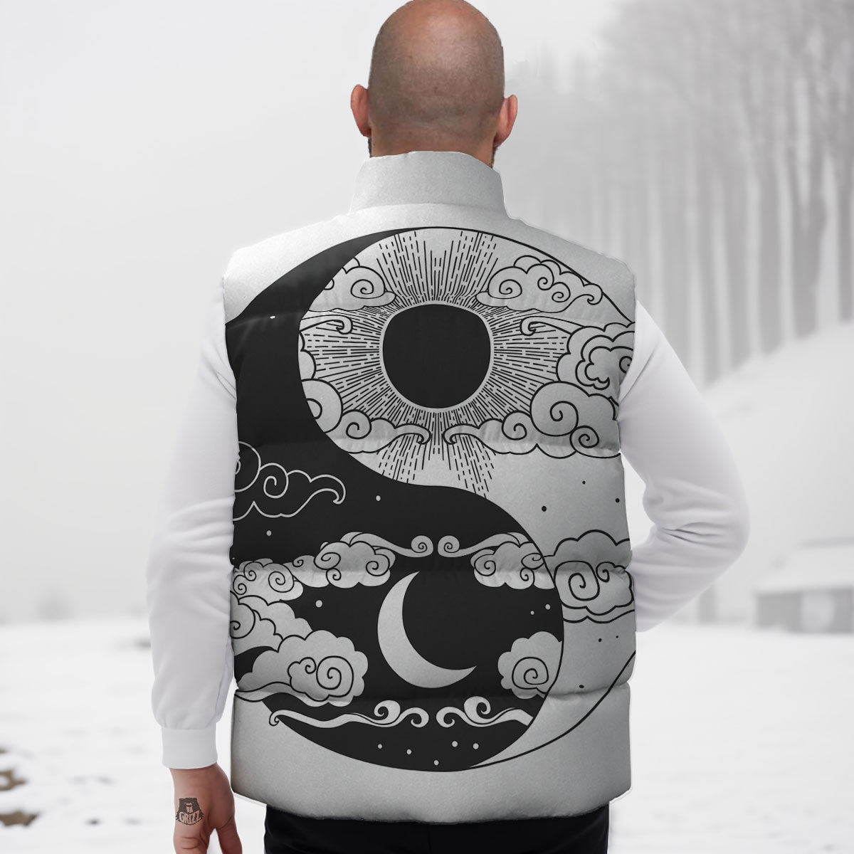 Japanese Yin Yang White And Black Print Down Vest