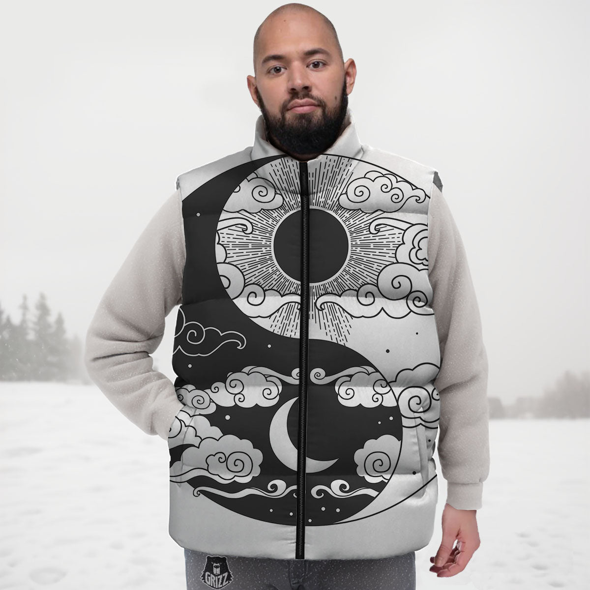 Japanese Yin Yang White And Black Print Down Vest