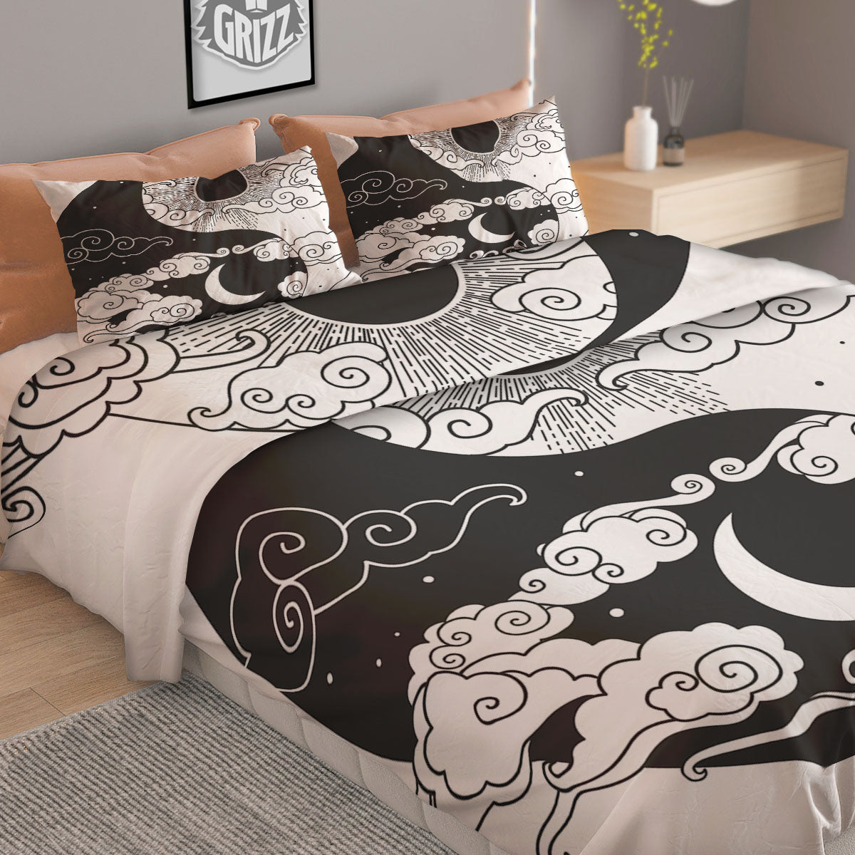 Japanese Yin Yang White And Black Print Duvet Cover Bedding Set