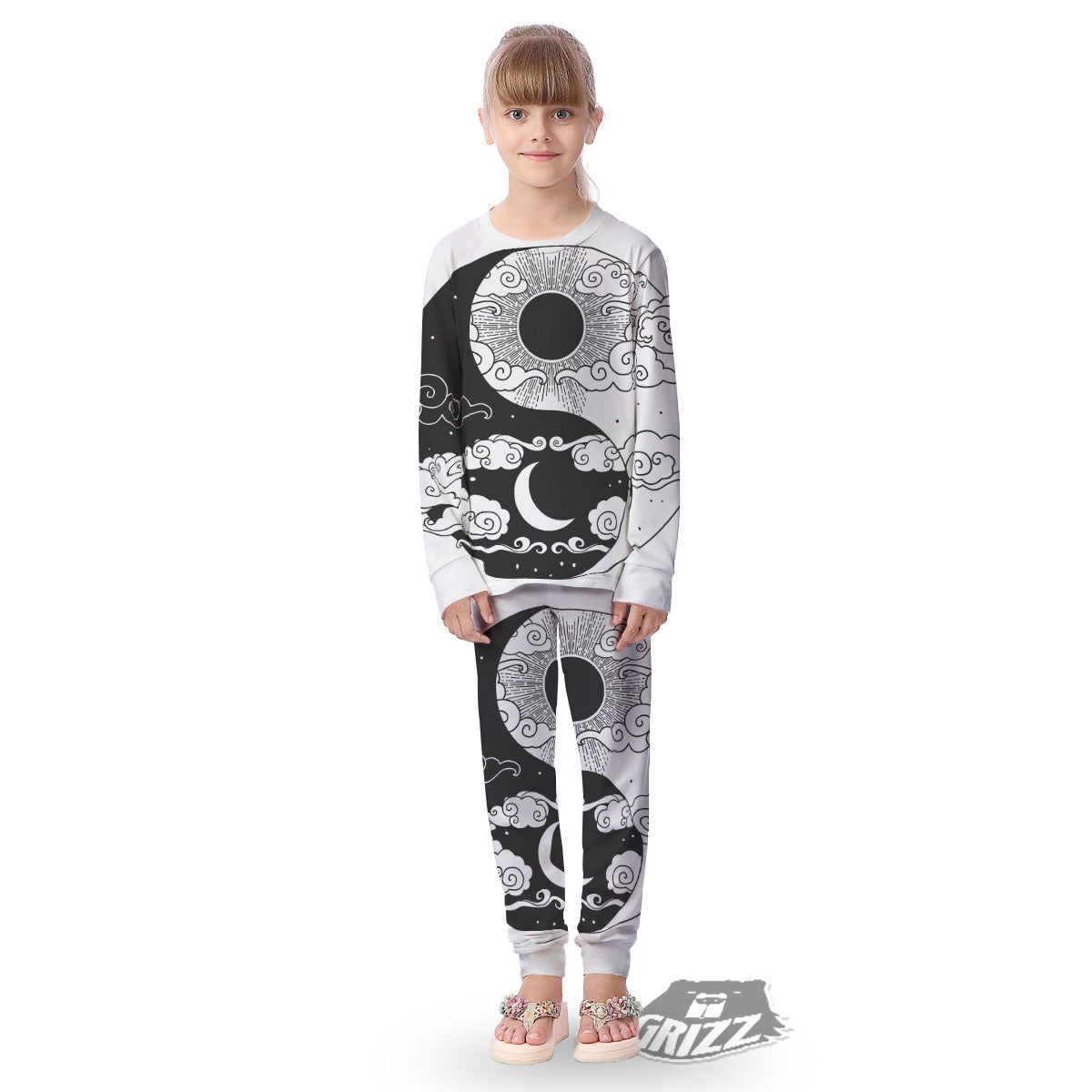 Japanese Yin Yang White And Black Print Kid's Pajamas-grizzshop
