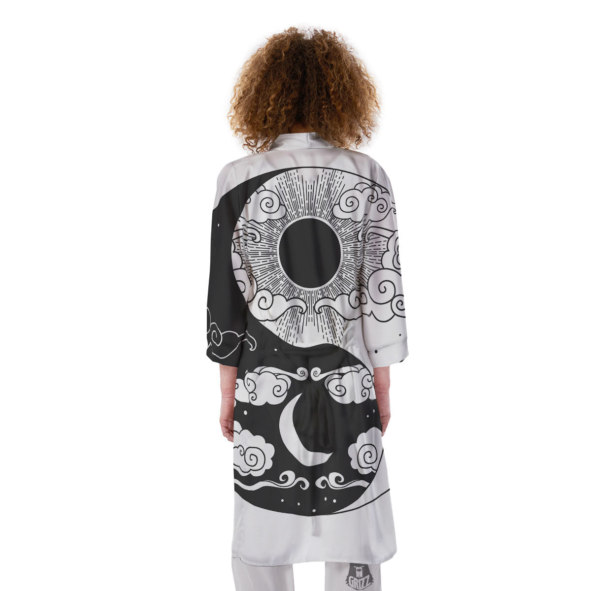 Japanese Yin Yang White And Black Print Kimono-grizzshop