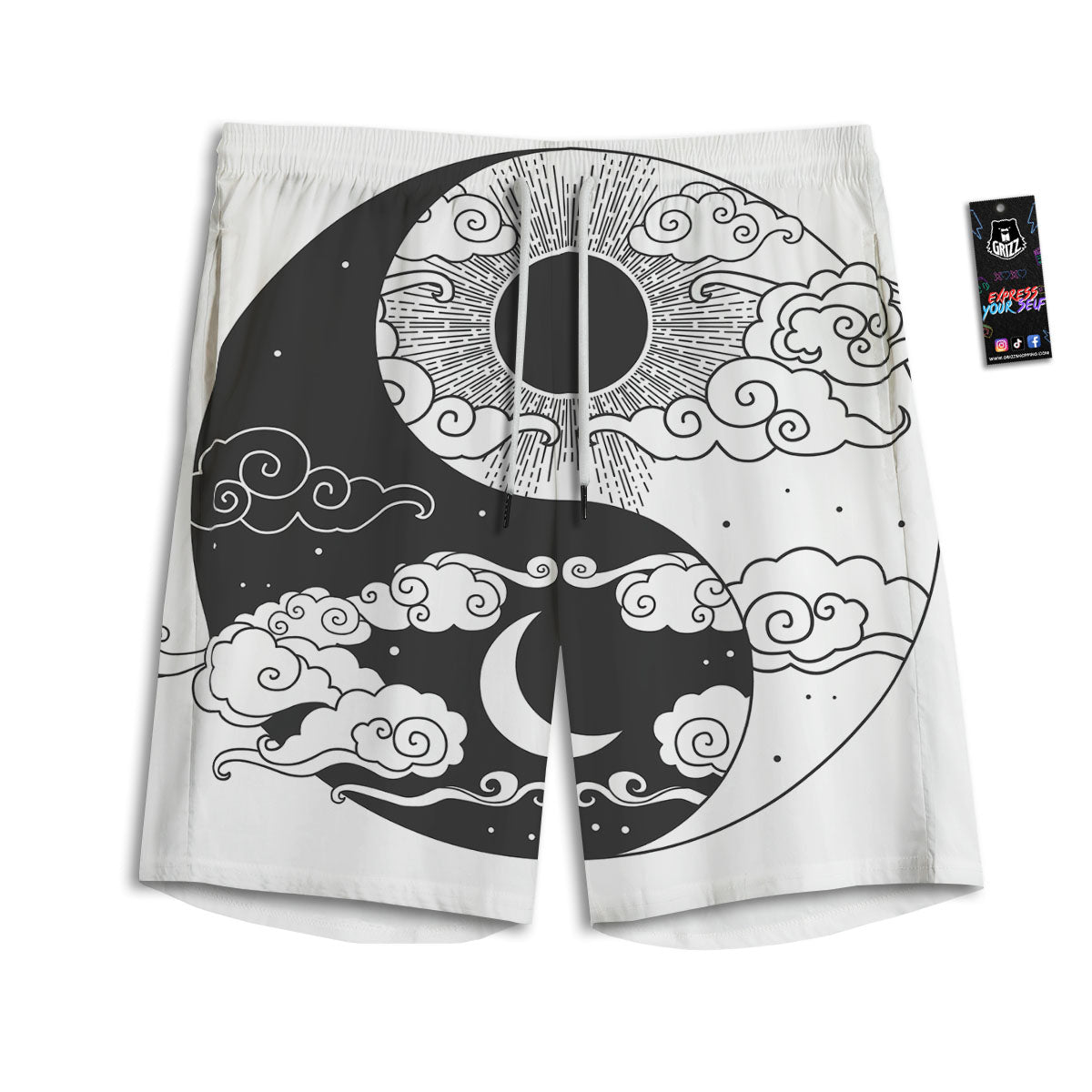 Japanese Yin Yang White And Black Print Men's Athletic Shorts