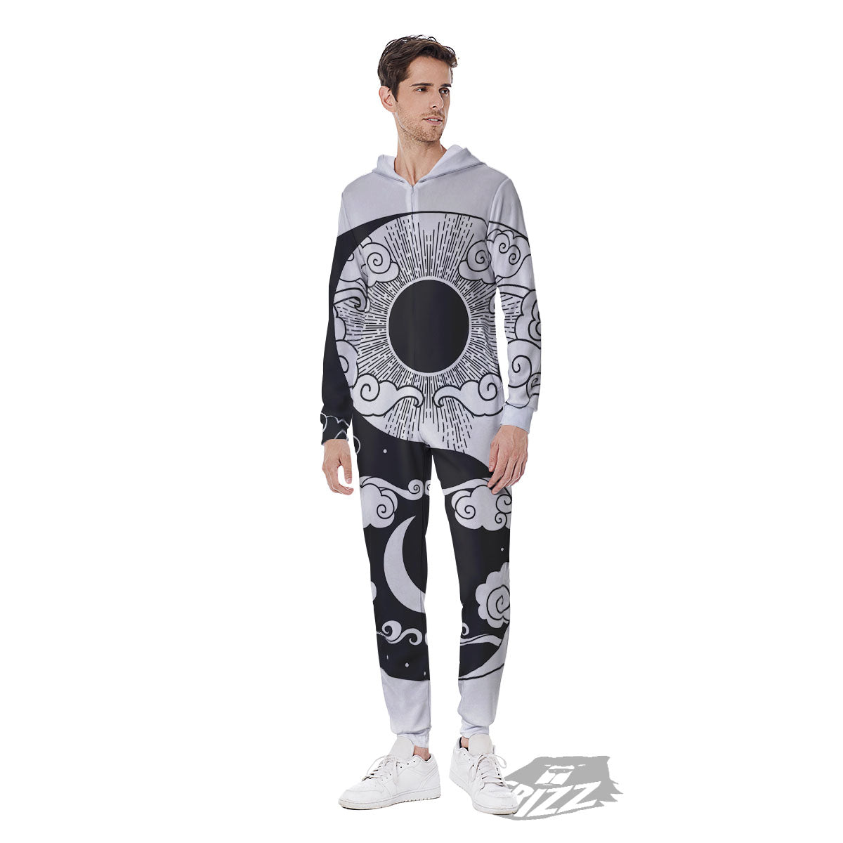 Japanese Yin Yang White And Black Print Men's Jumpsuit-grizzshop