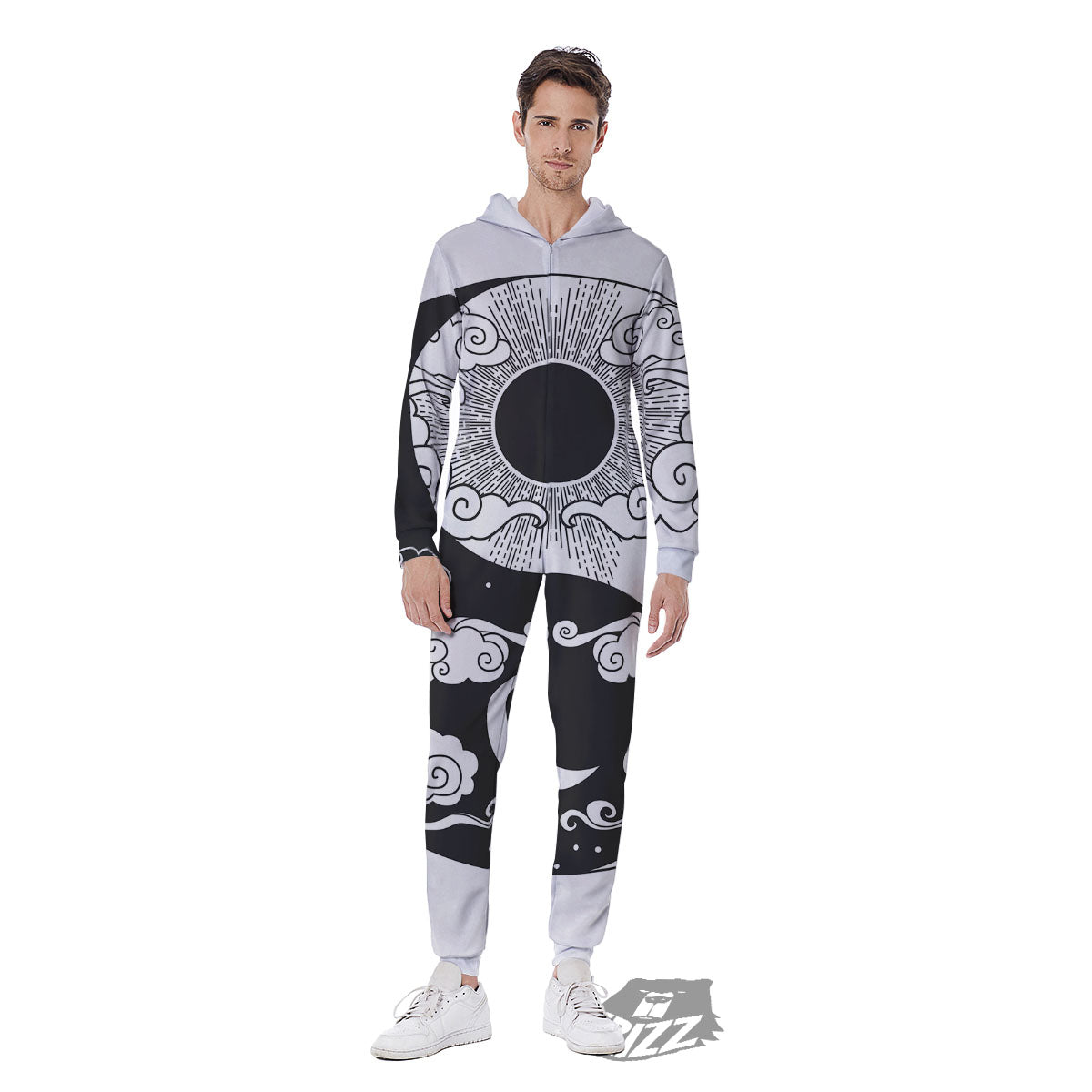 Japanese Yin Yang White And Black Print Men's Jumpsuit-grizzshop