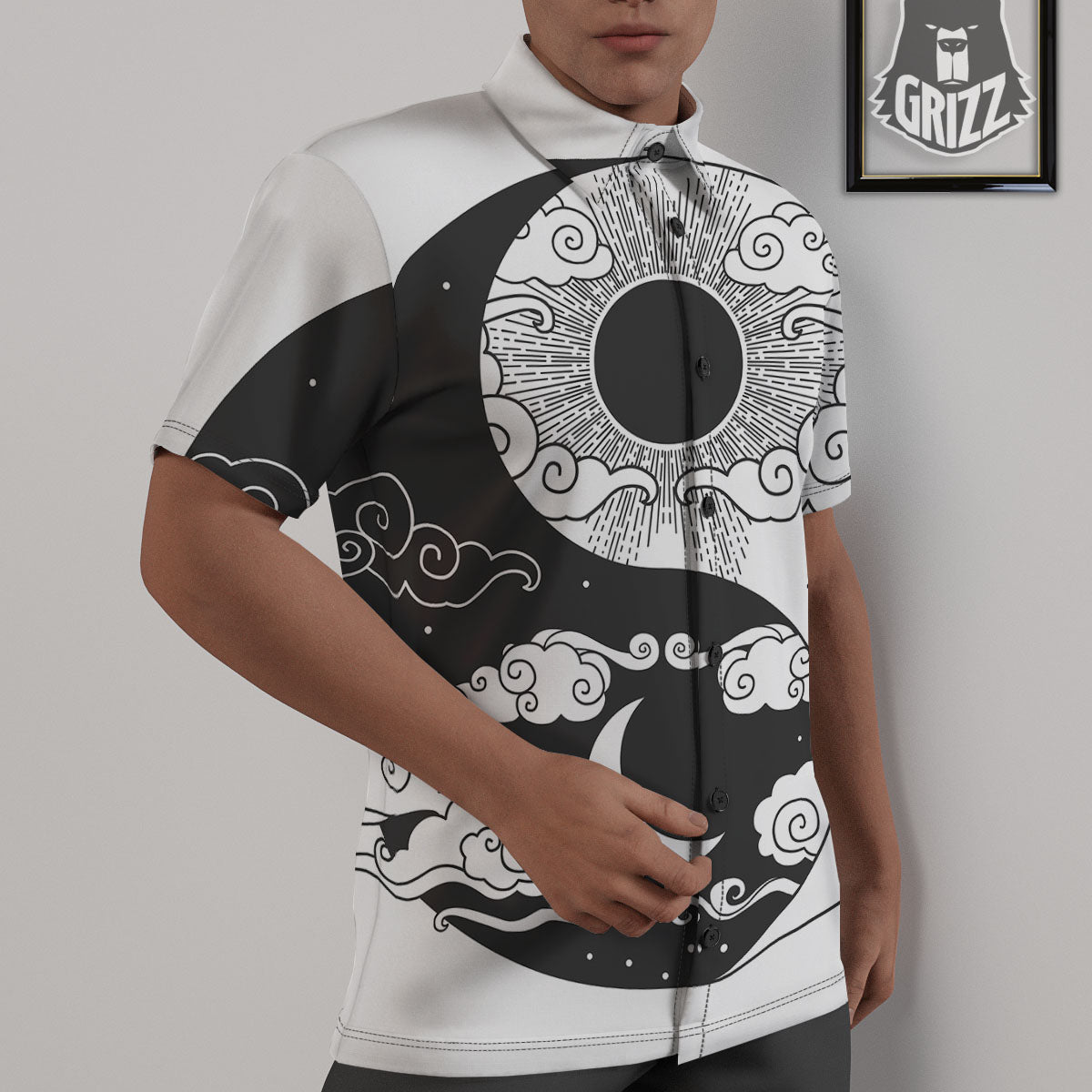 Japanese Yin Yang White And Black Print Untucked Shirts-grizzshop