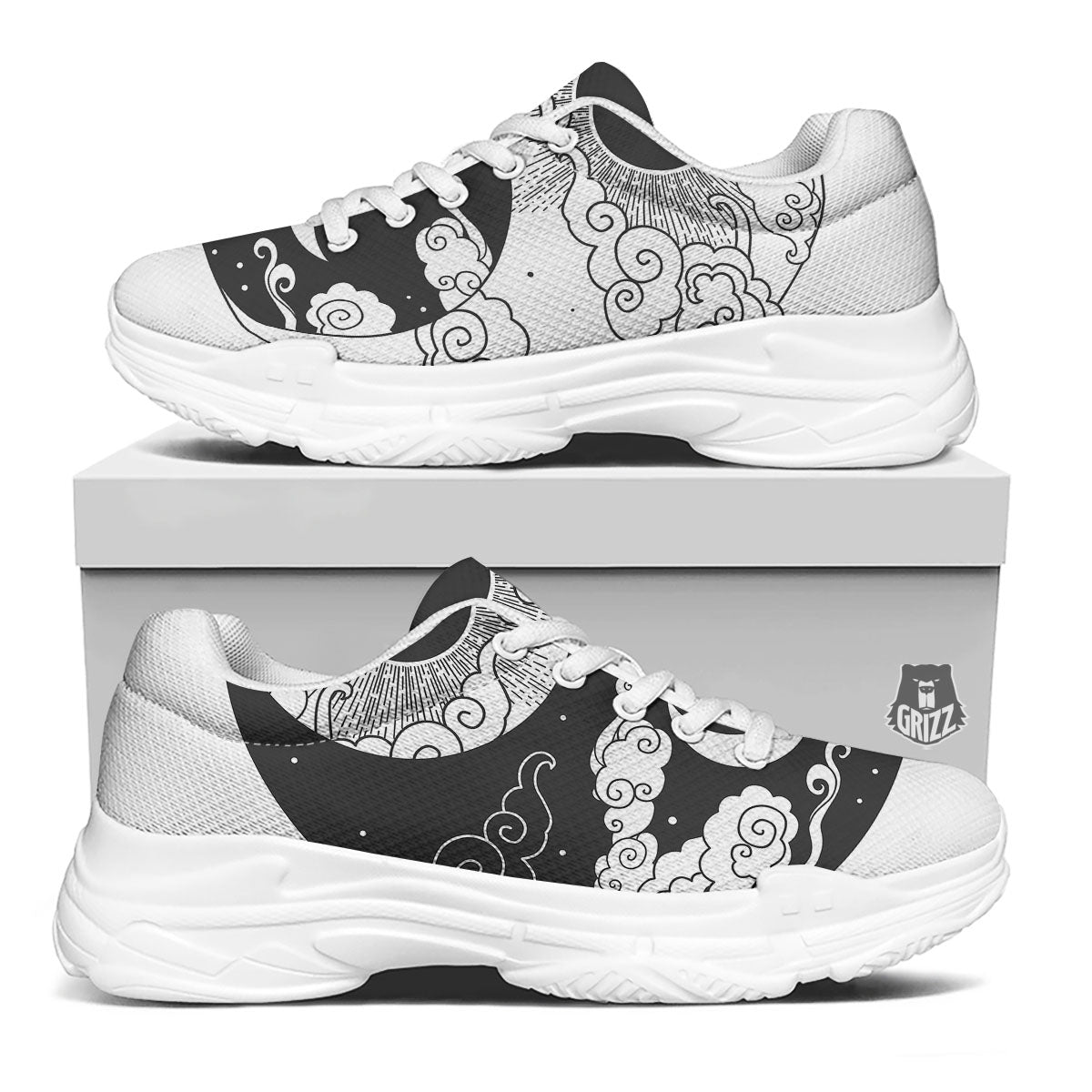 Japanese Yin Yang White And Black Print White Chunky Shoes-grizzshop