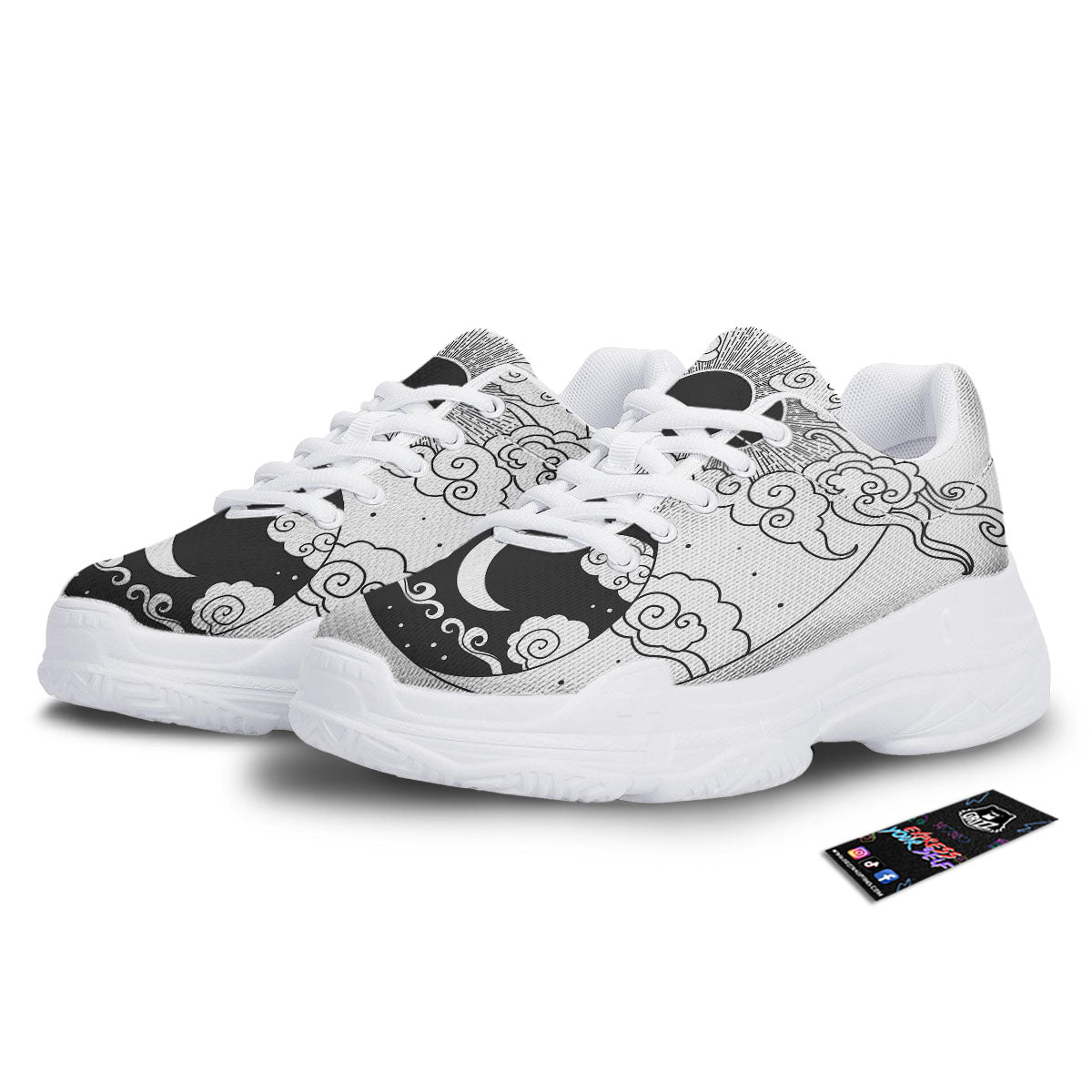 Japanese Yin Yang White And Black Print White Chunky Shoes-grizzshop