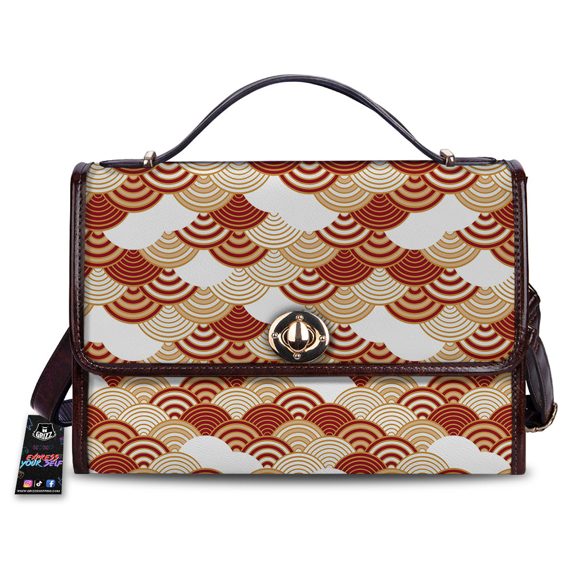 Japanese Beige And Red Print Pattern Women's Satchel Bag