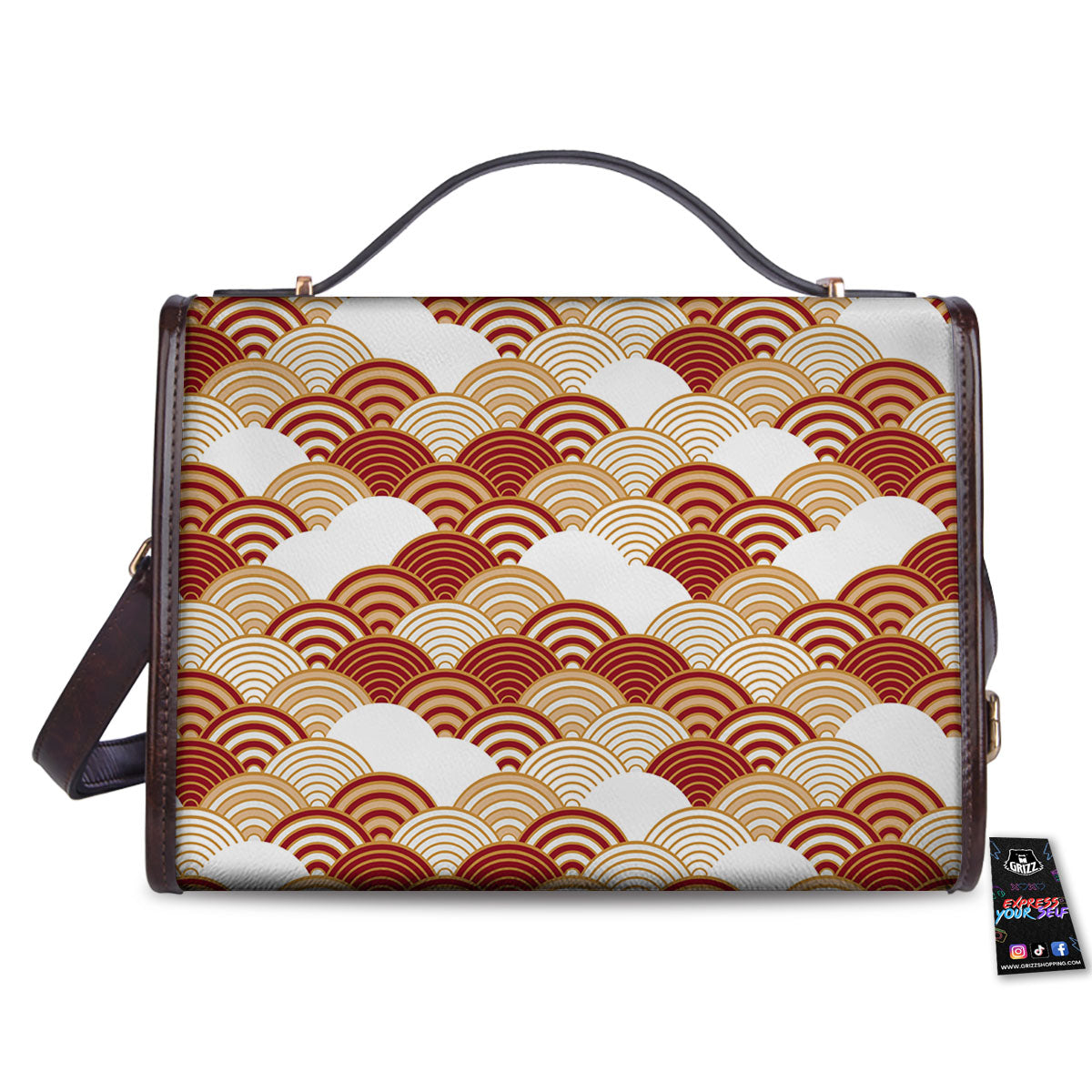 Japanese Beige And Red Print Pattern Women's Satchel Bag