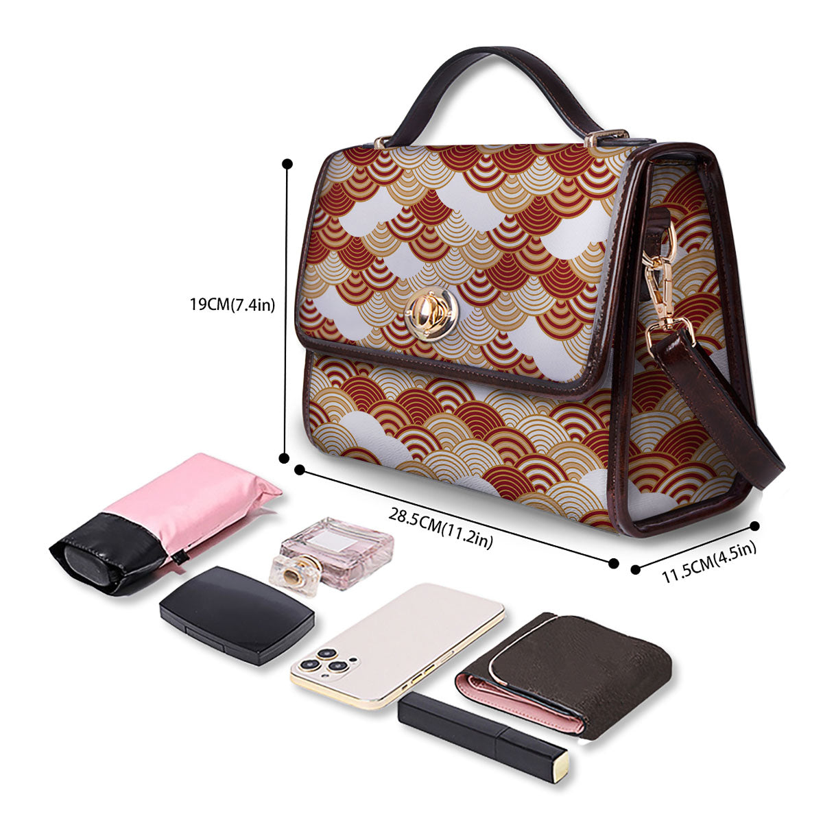 Japanese Beige And Red Print Pattern Women's Satchel Bag