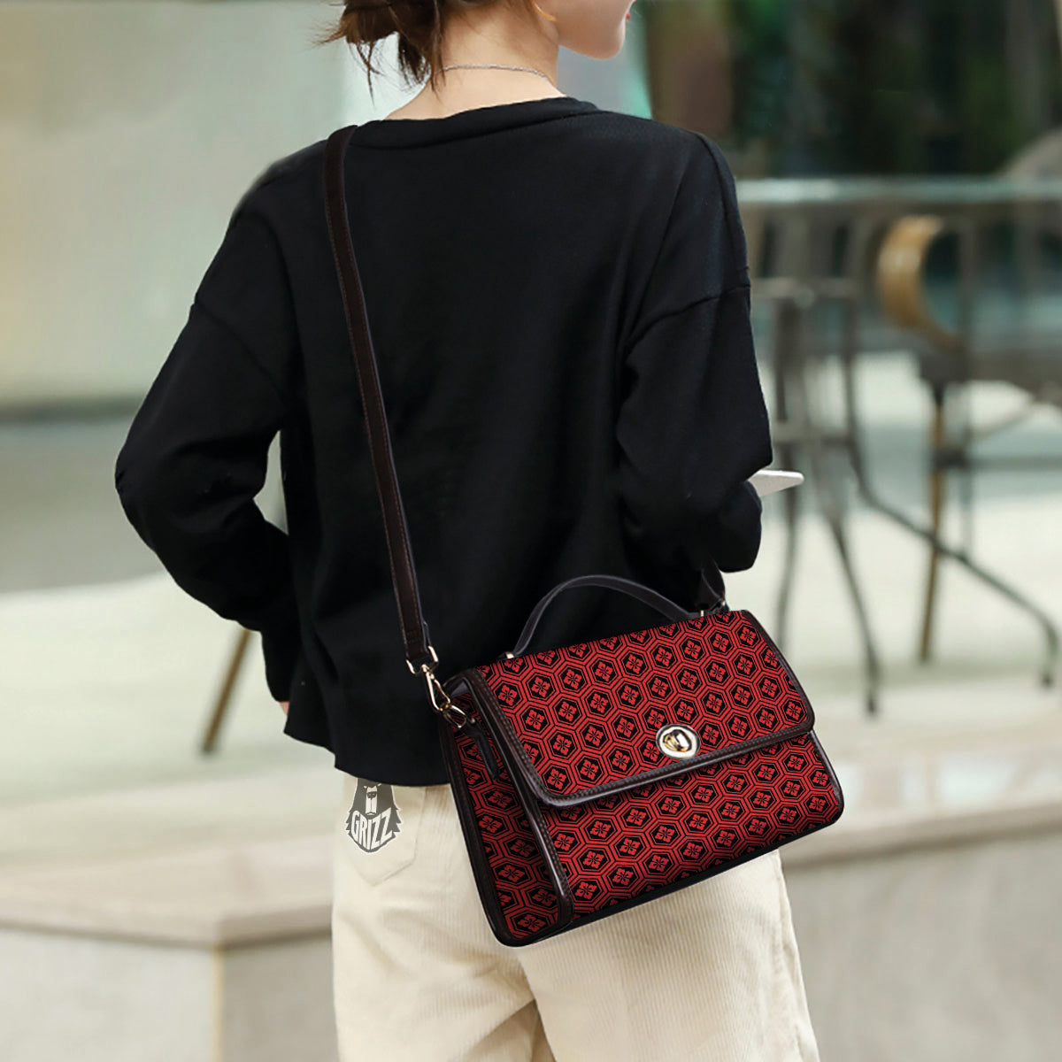 Japanese Black And Red Print Pattern Women's Satchel Bag