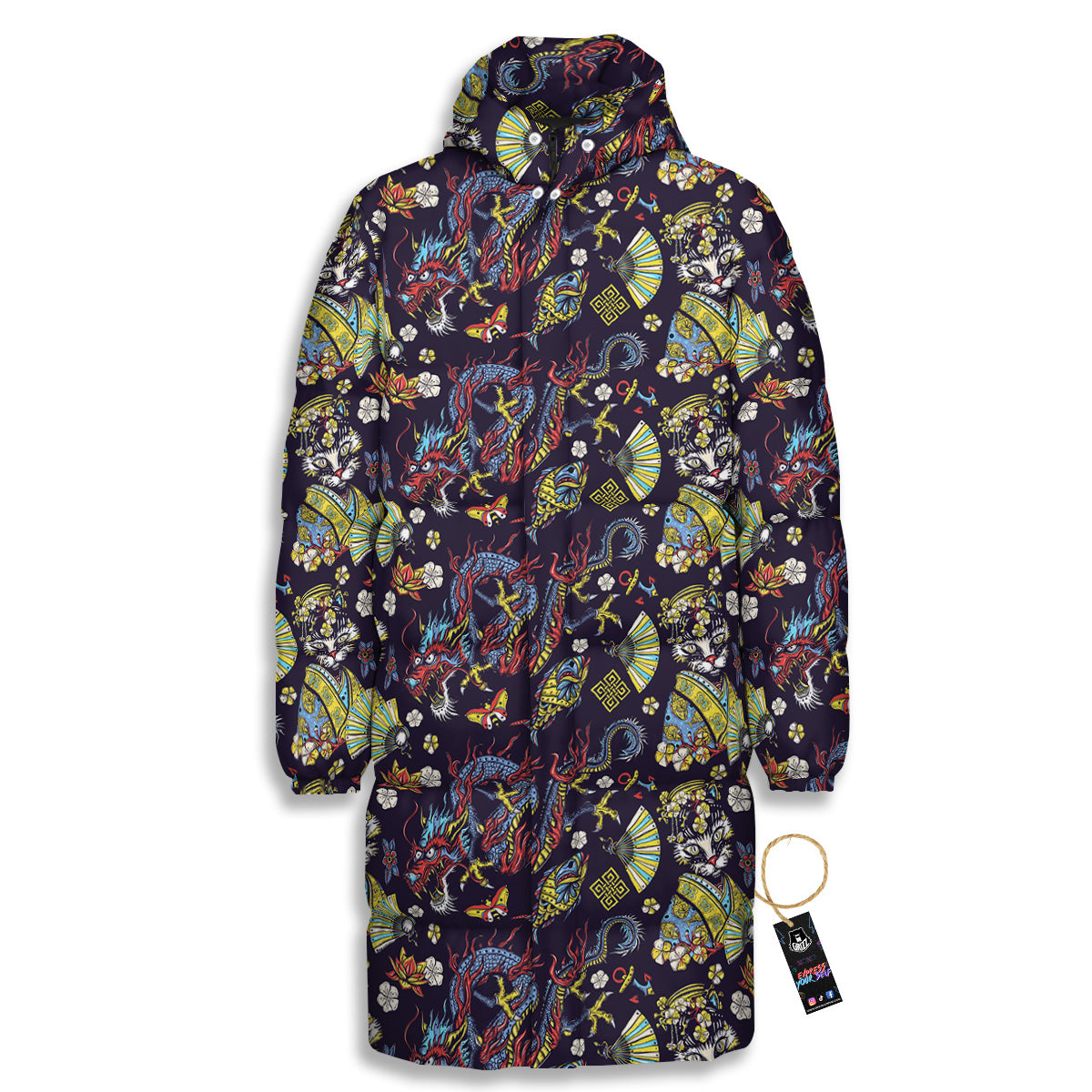 Japanese Dragons And Cat Tattoo Print Pattern Long Down Jacket