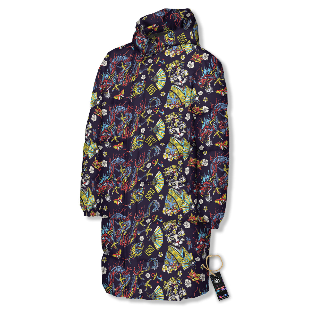 Japanese Dragons And Cat Tattoo Print Pattern Long Down Jacket