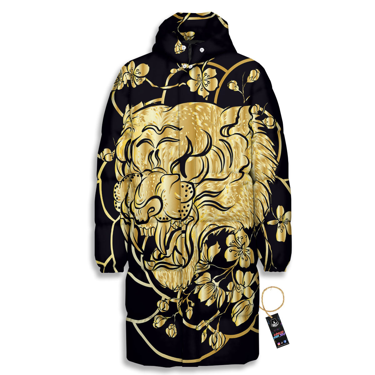 Japanese Tiger Gold And Black Print Long Down Jacket