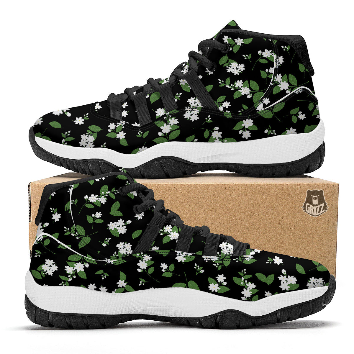 Jasmine And Leaf Green Black Print Pattern Black Bball Shoes-grizzshop