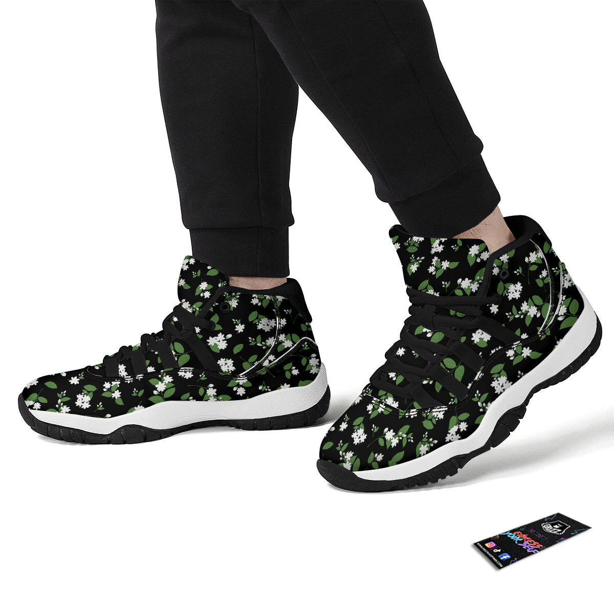Jasmine And Leaf Green Black Print Pattern Black Bball Shoes-grizzshop
