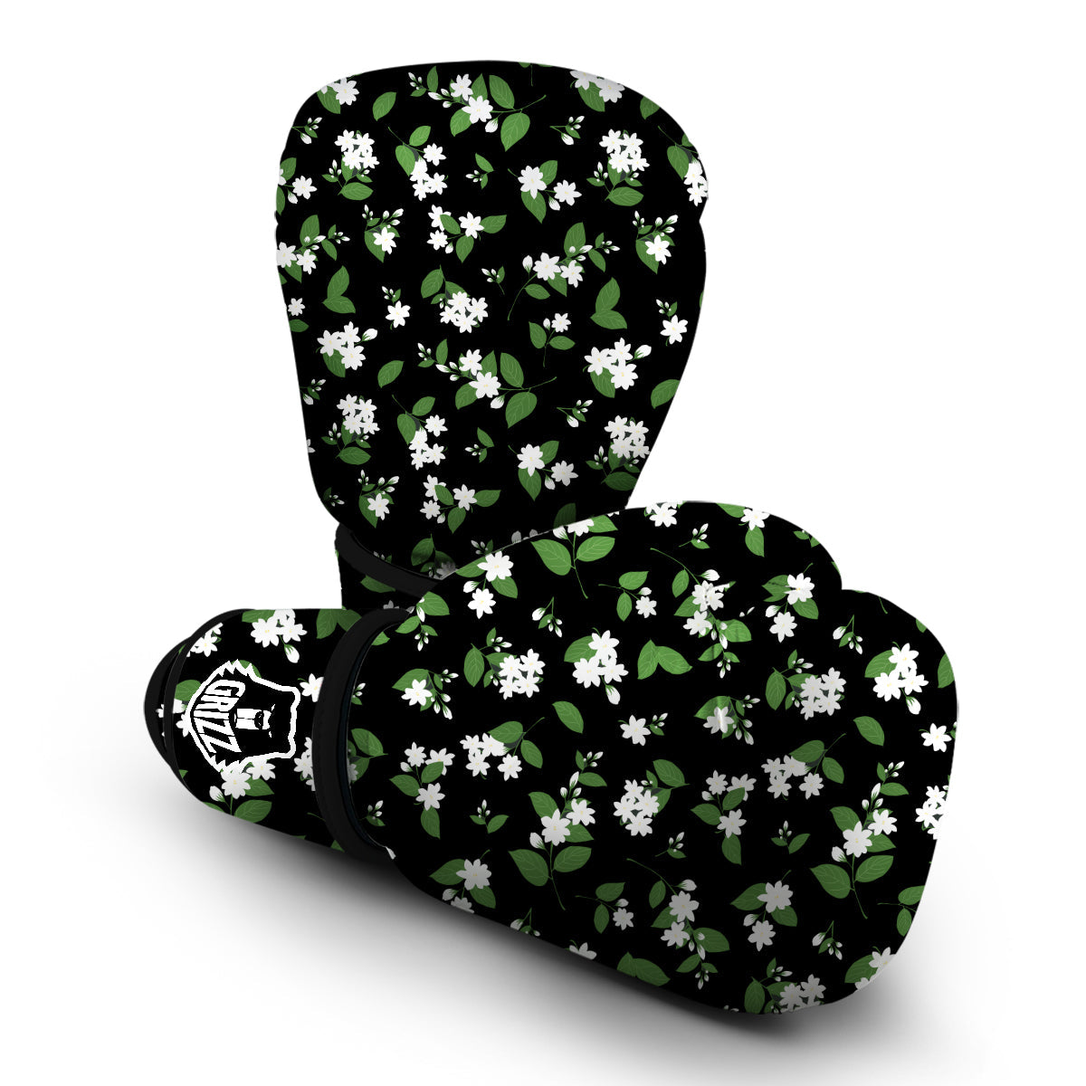 Jasmine And Leaf Green Black Print Pattern Boxing Gloves-grizzshop