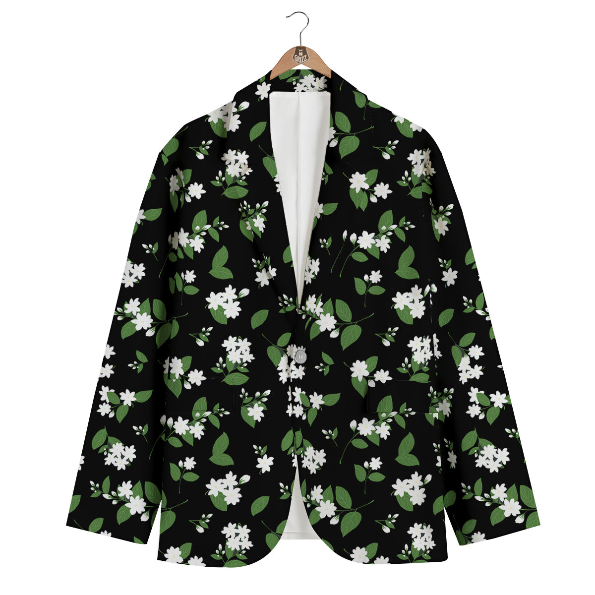 Jasmine And Leaf Green Black Print Pattern Men's Blazer-grizzshop