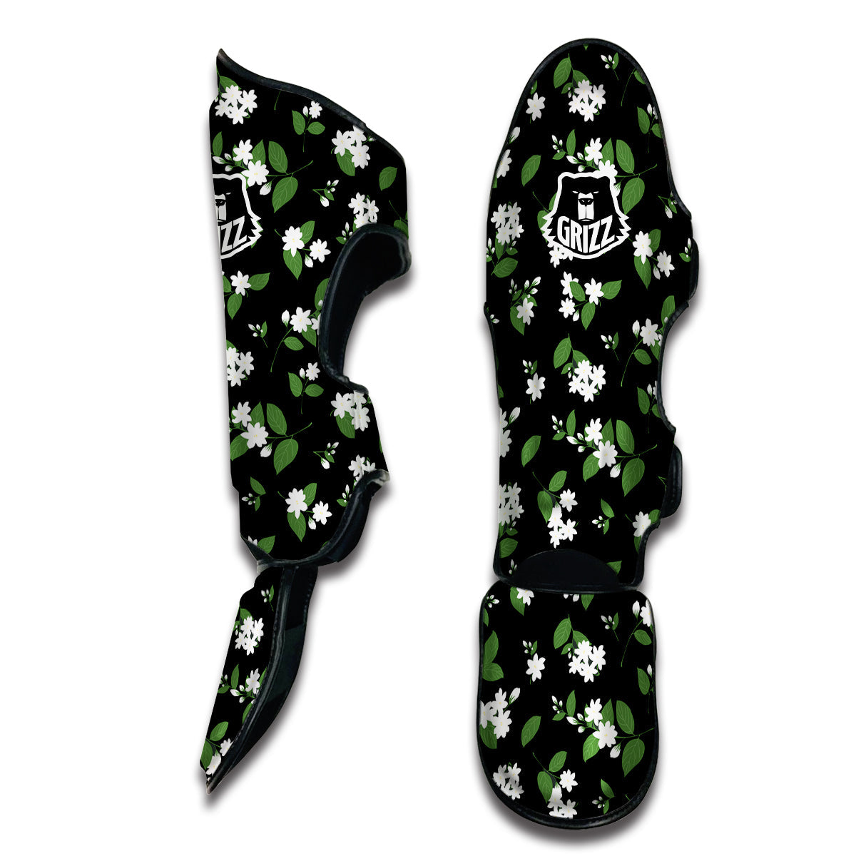 Jasmine And Leaf Green Black Print Pattern Muay Thai Shin Guards-grizzshop