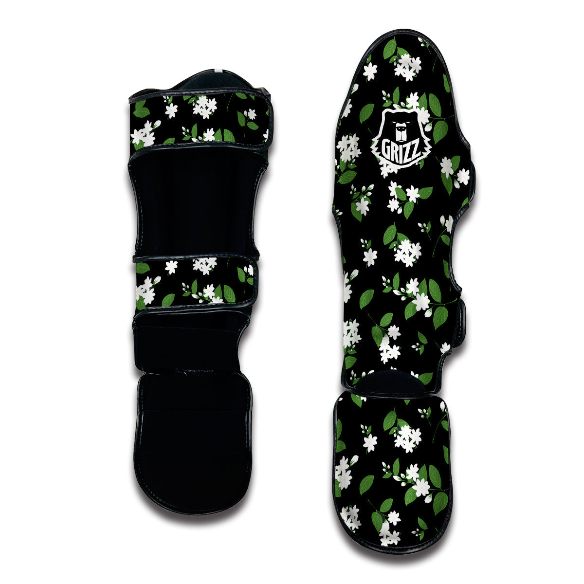 Jasmine And Leaf Green Black Print Pattern Muay Thai Shin Guards-grizzshop